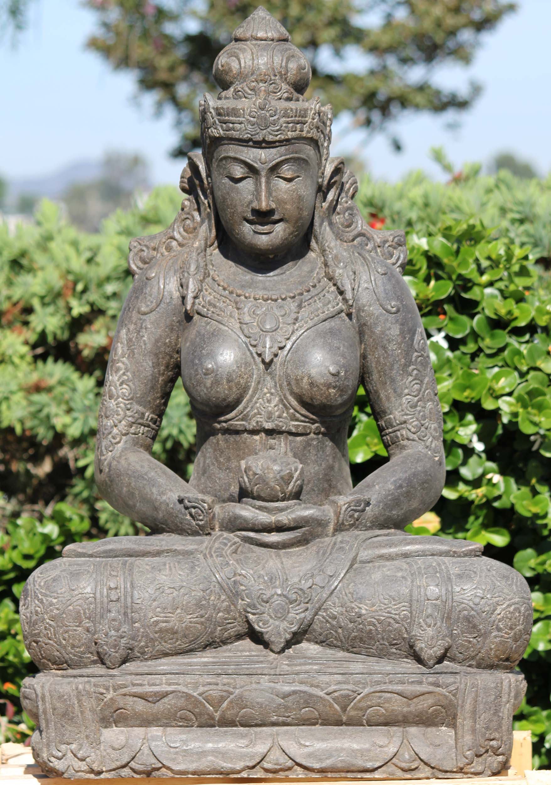 Stone Meditating Devi Tara Statue with Flower 36"