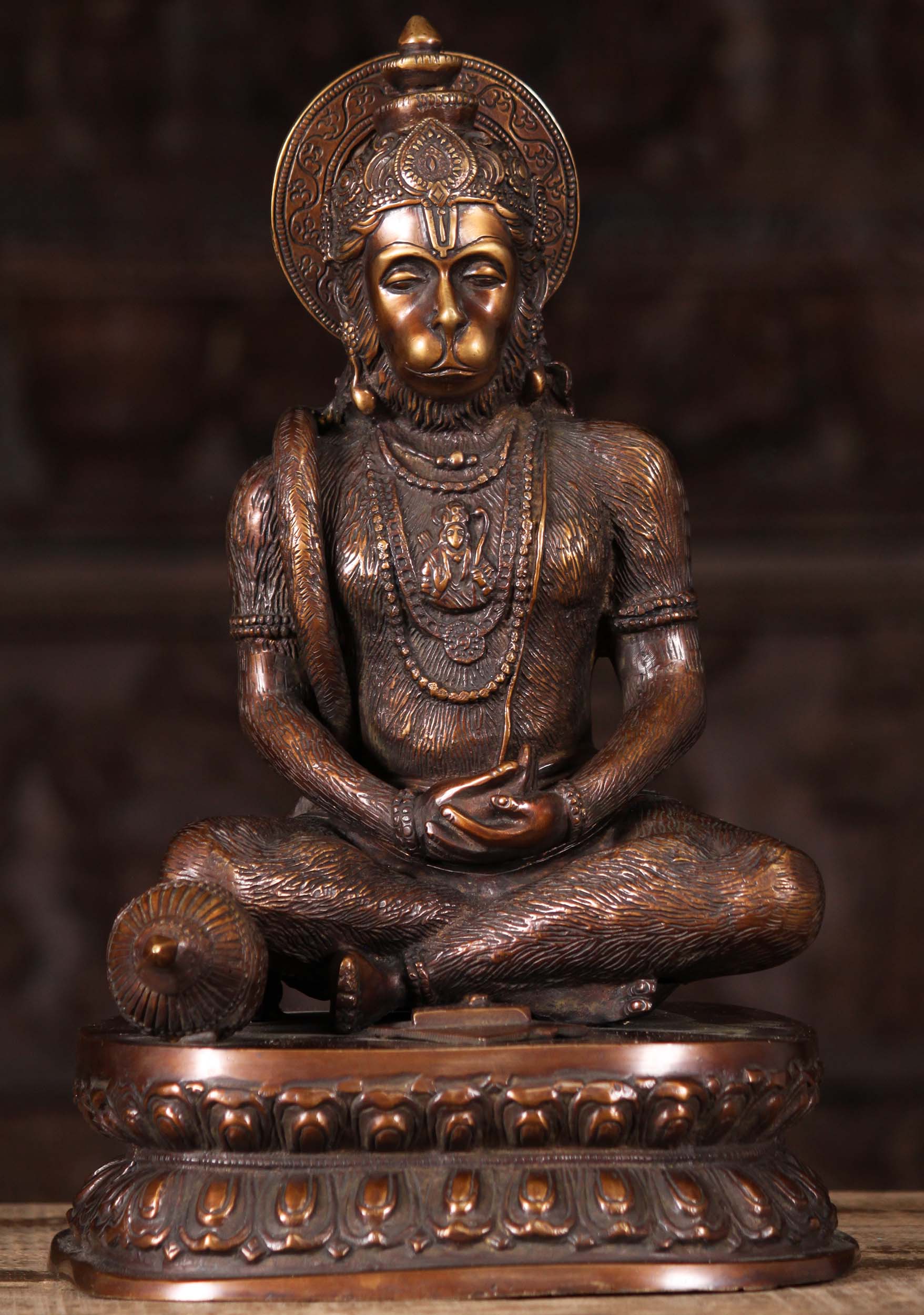 Brass Hanuman Statue Meditating with Long Tail & Chest Open Showing Rama in His Heart 15"