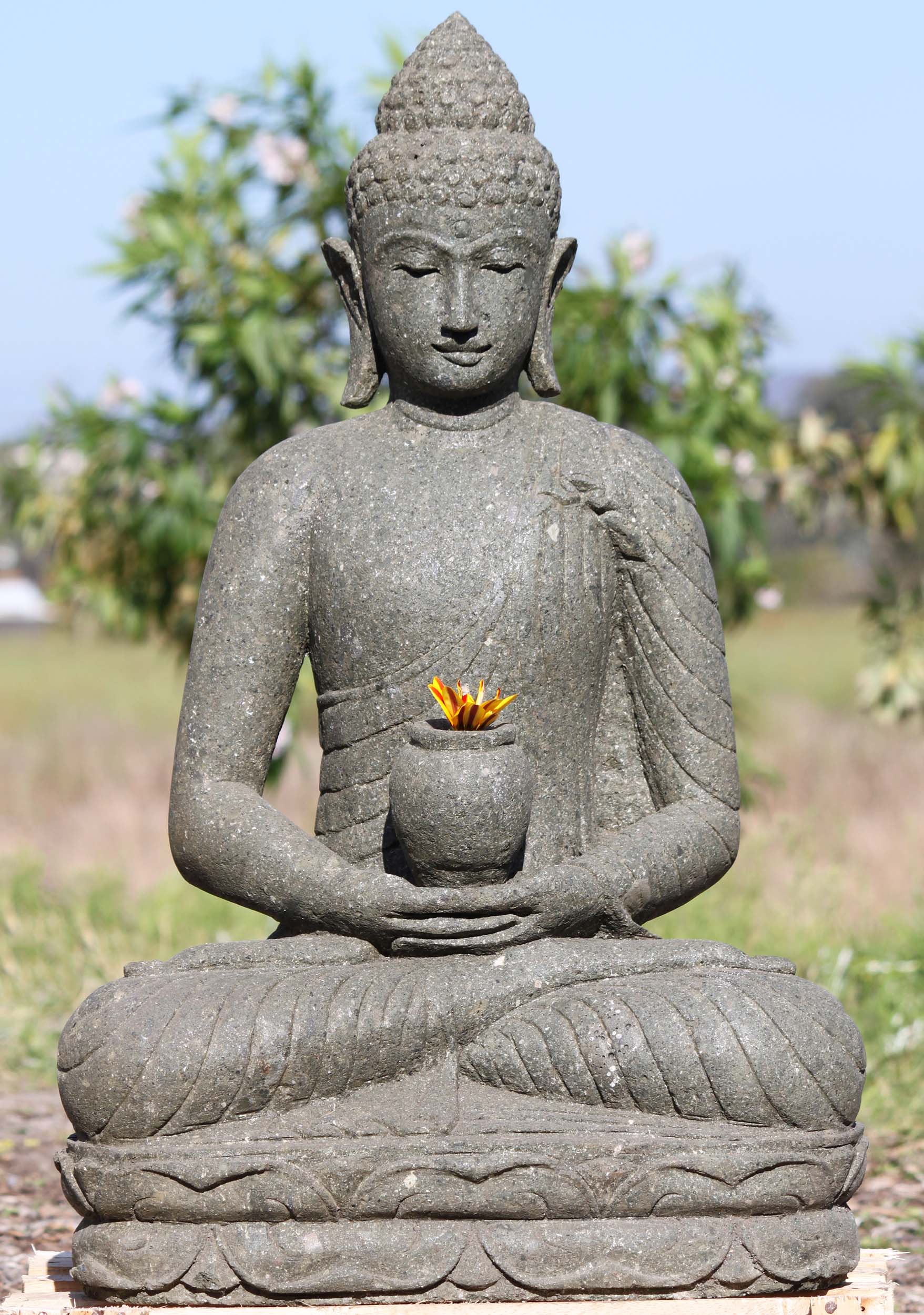 Stone Meditating Buddha Statue with Alms Bowl 33"