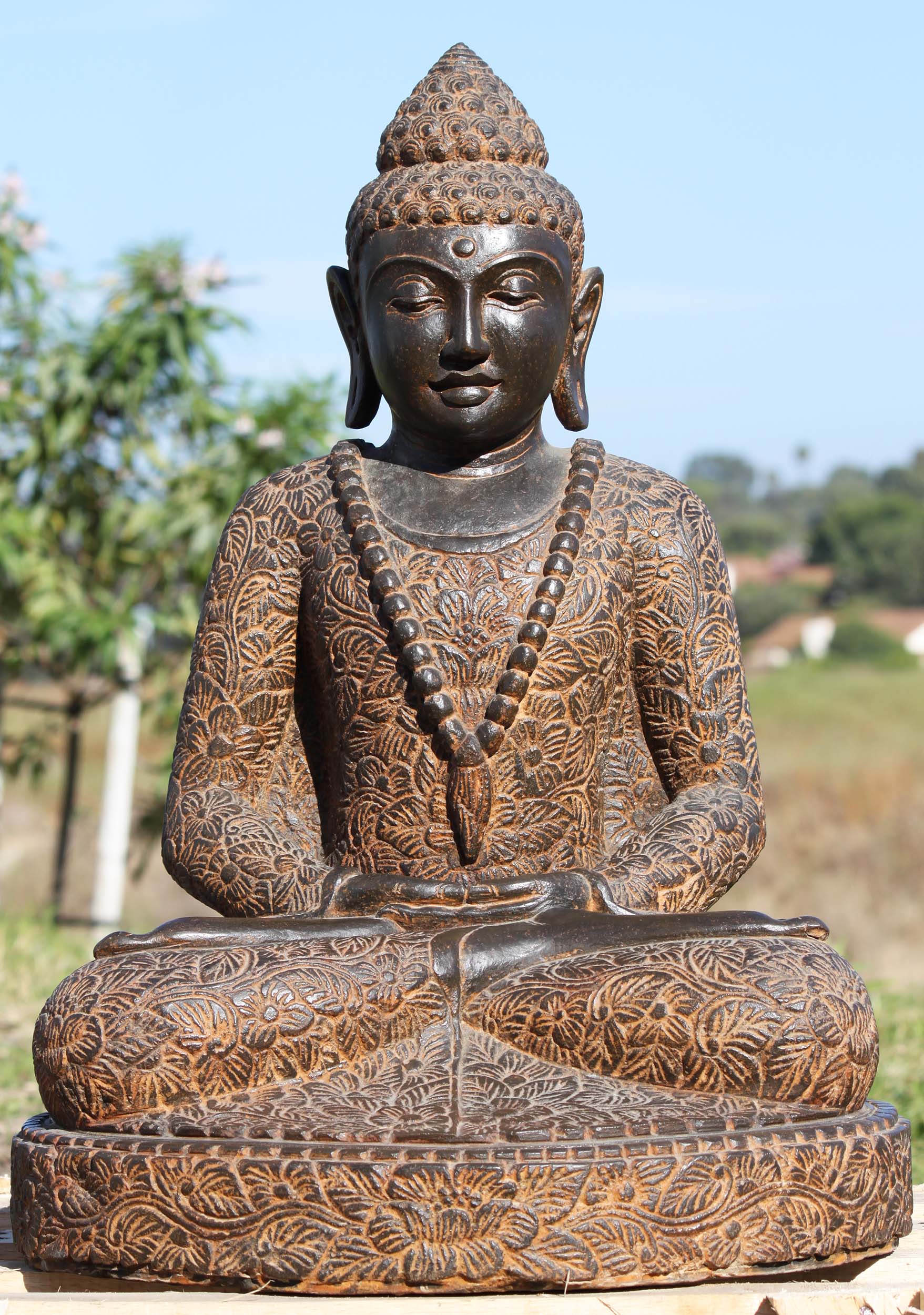 Stone Meditating Buddha with Floral Robes 27"