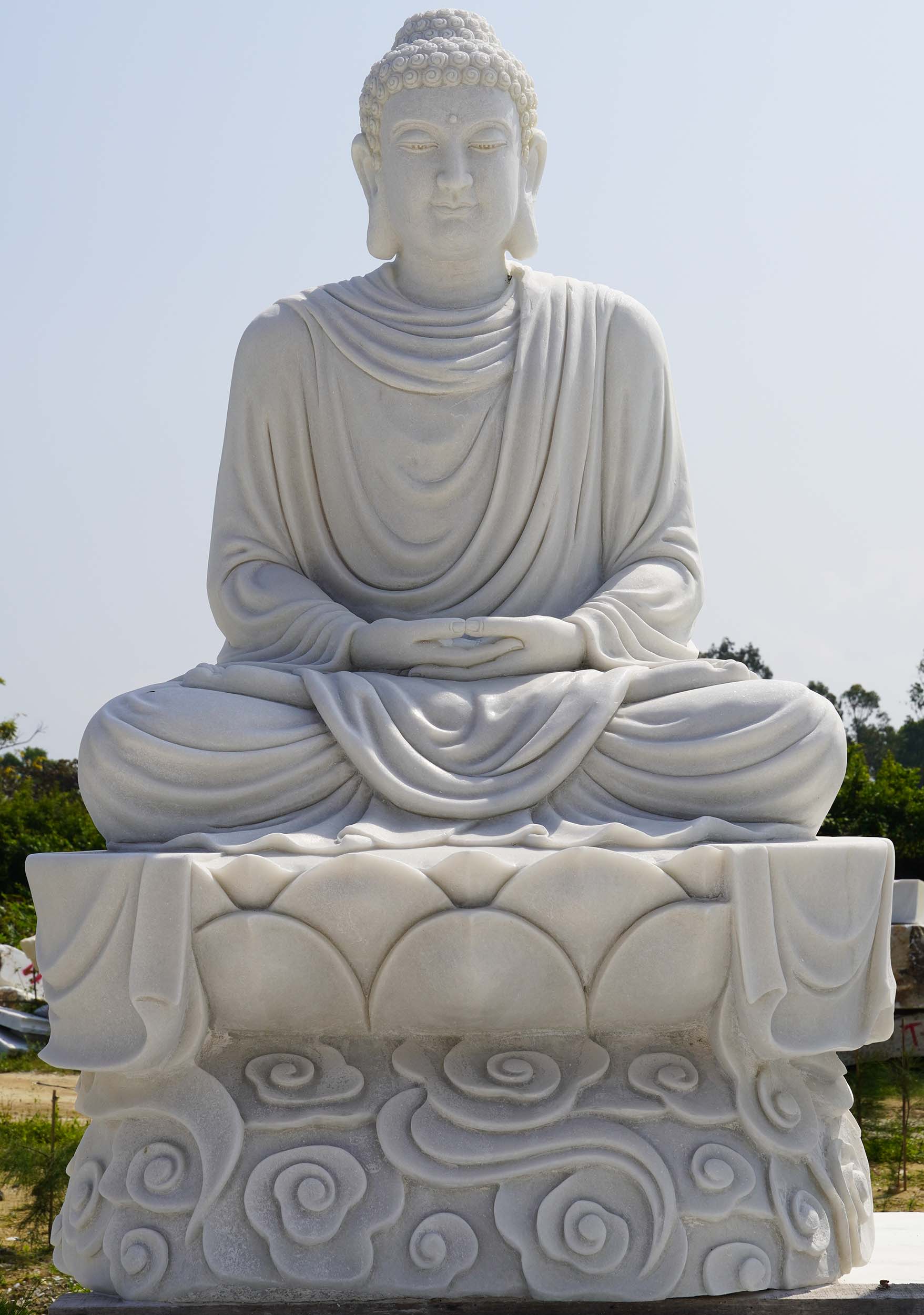 White Marble Buddha Garden Sculpture Meditating on Base of Lotus & Waves 62"