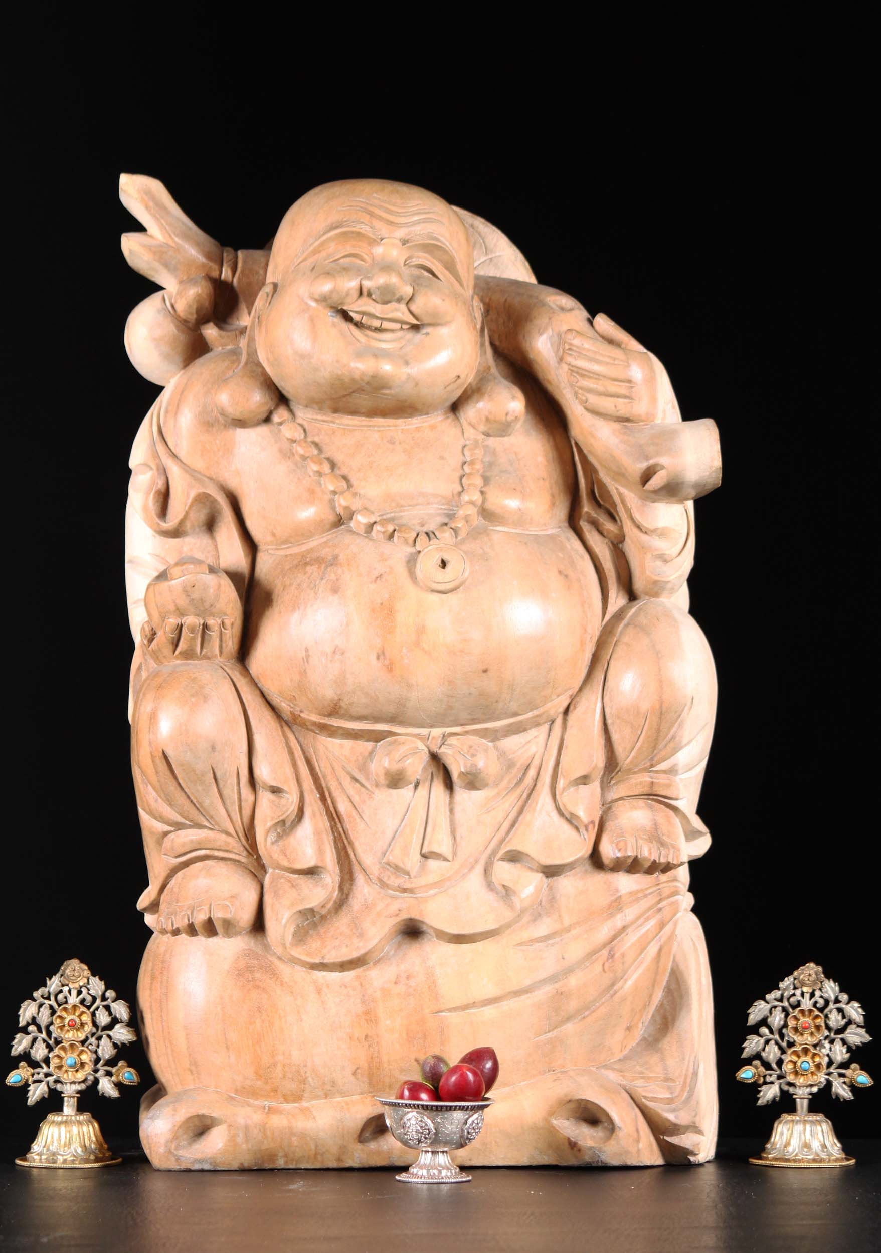 Wood Hotei Buddha Statue On Bag Of Gold 24"