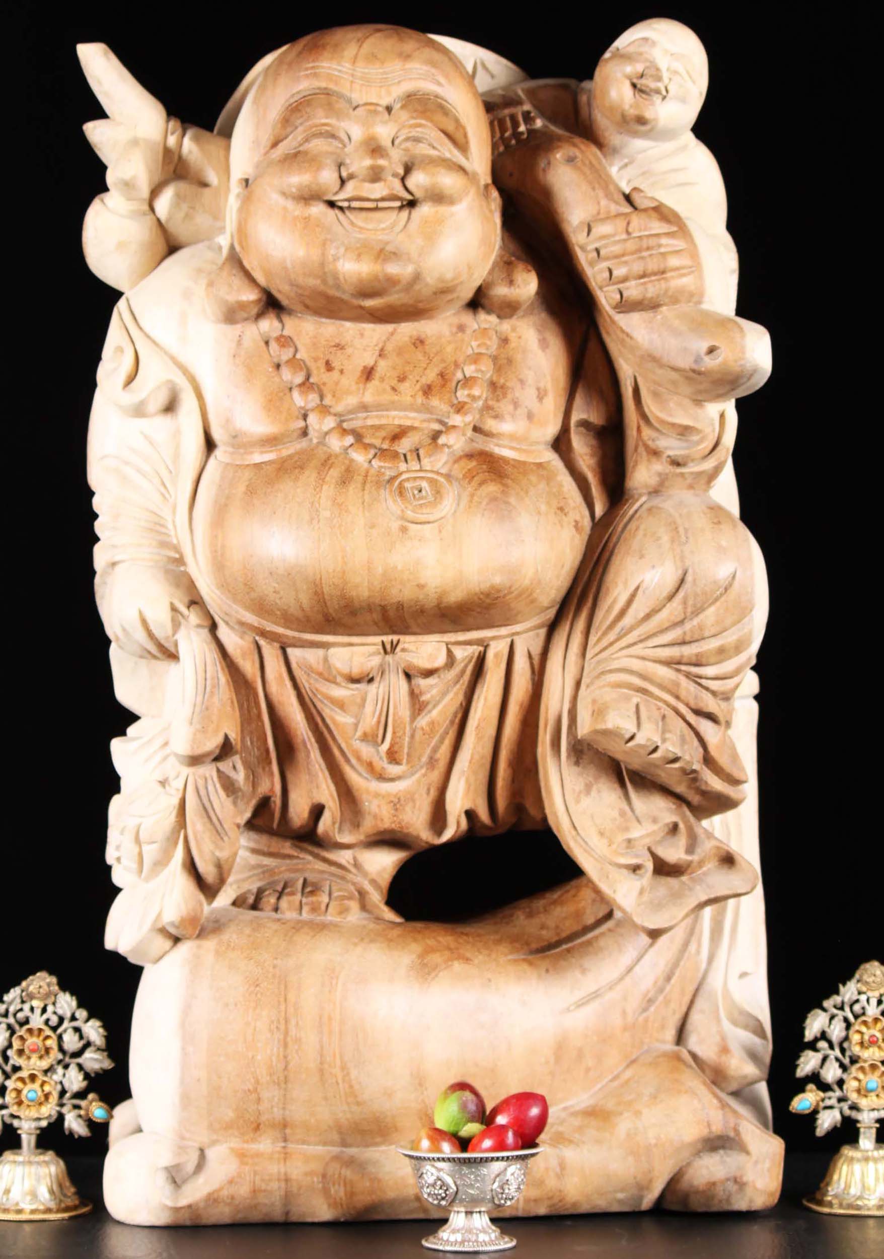 Wood Buddha with a Child On His Shoulder 24"