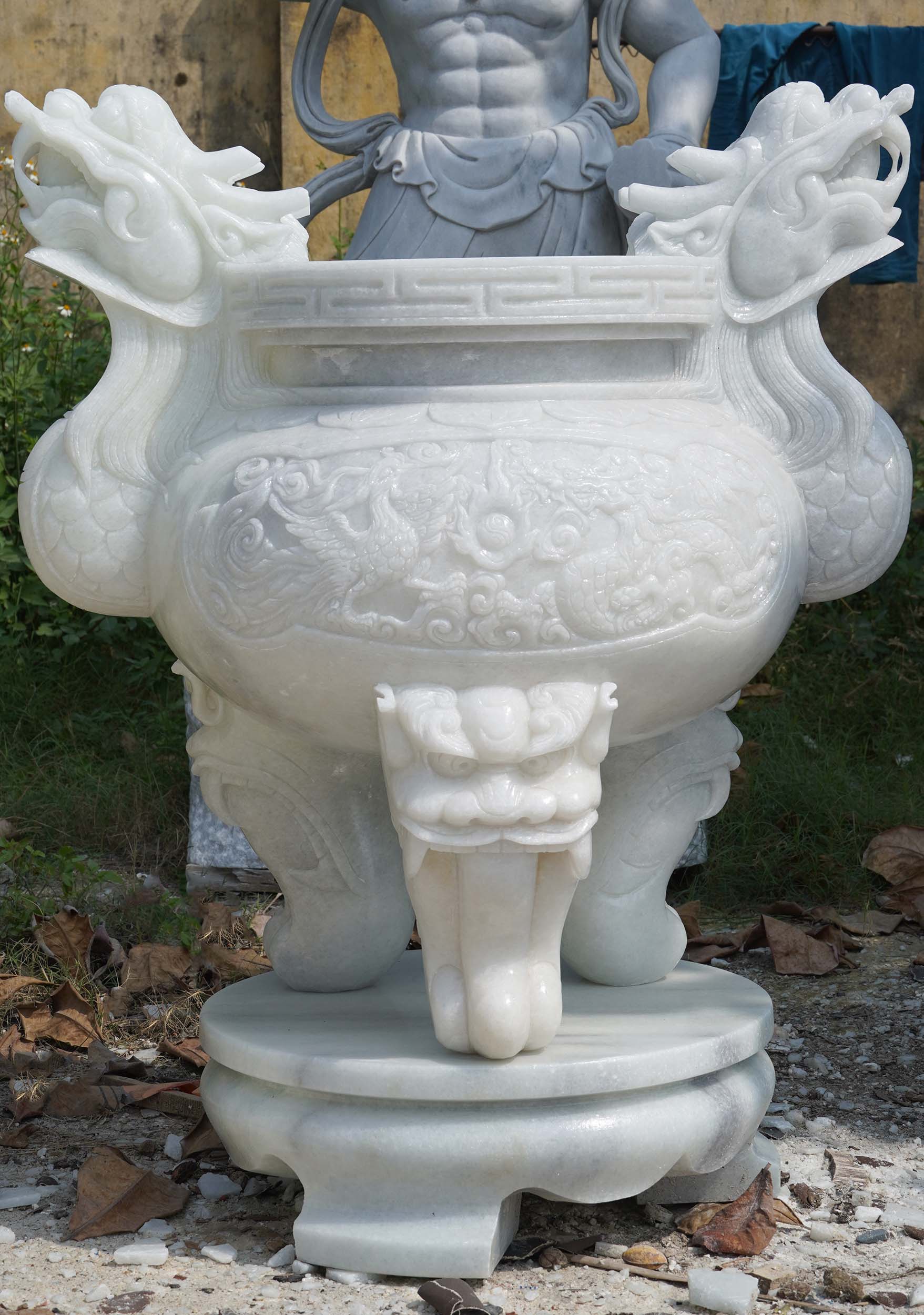 4 Foot Tall White Marble Dragon Incense Urn for Holding Incense Sticks for Temple Use 49"