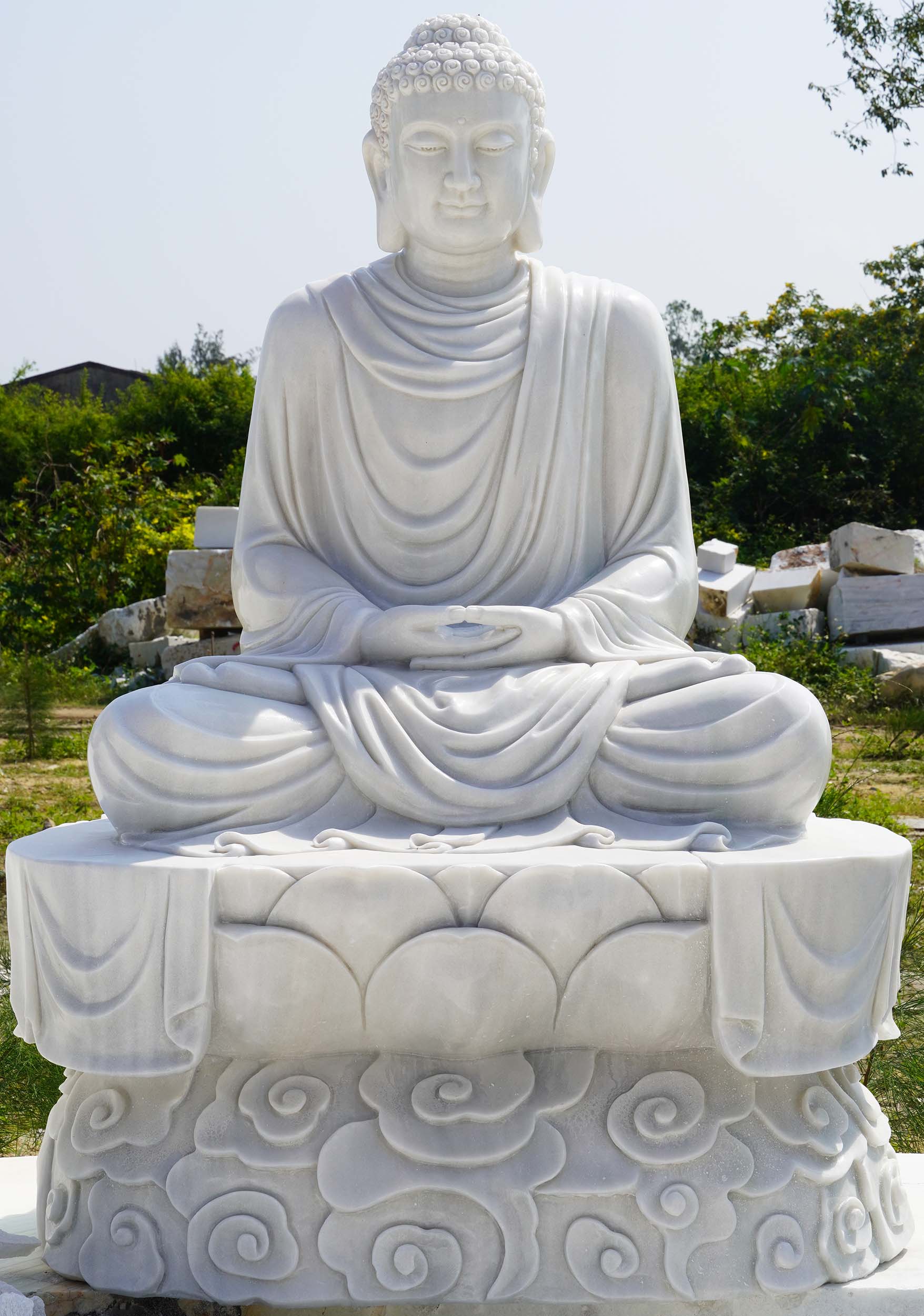 PREORDER Large White Marble Meditating Buddha with Winter Robes with Ocean Waves 62"