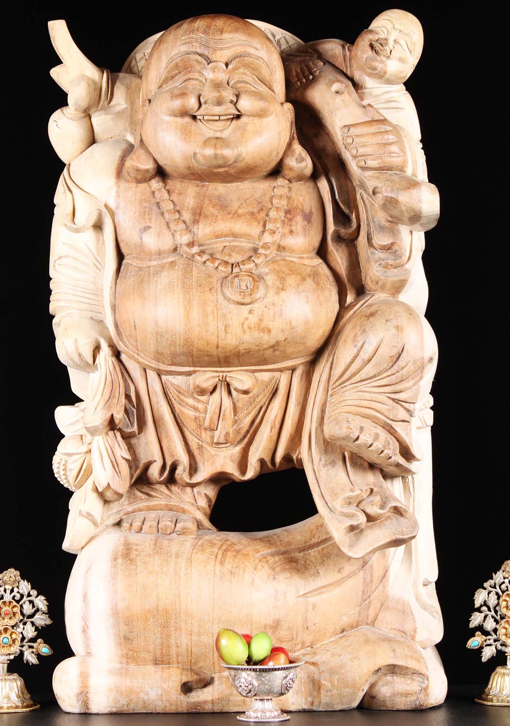 Wood Buddha With One Left Child On Shoulder 24"