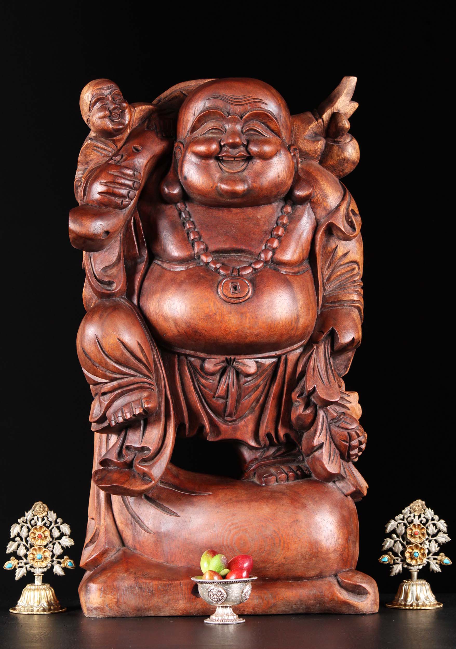 Wood Buddha with a Child On His Shoulder 24"