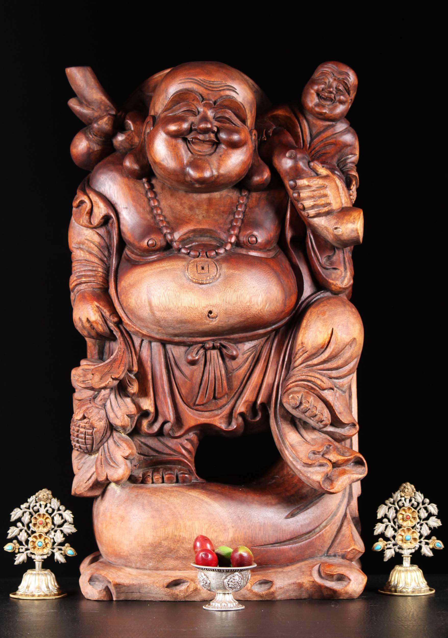 Wood Fat Buddha Statue with Child On Shoulder 24"