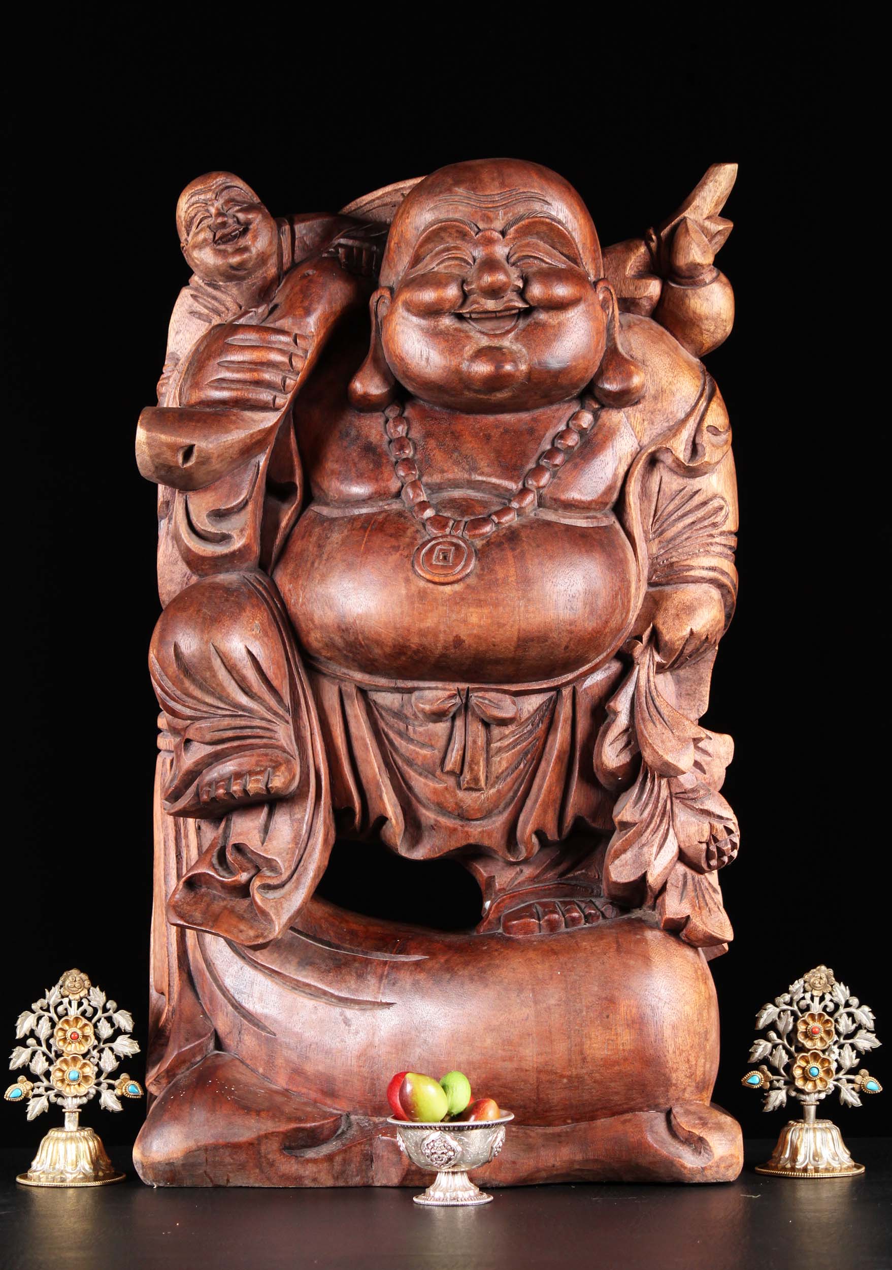 Wood Buddha of Wealth Statue with Child 24"