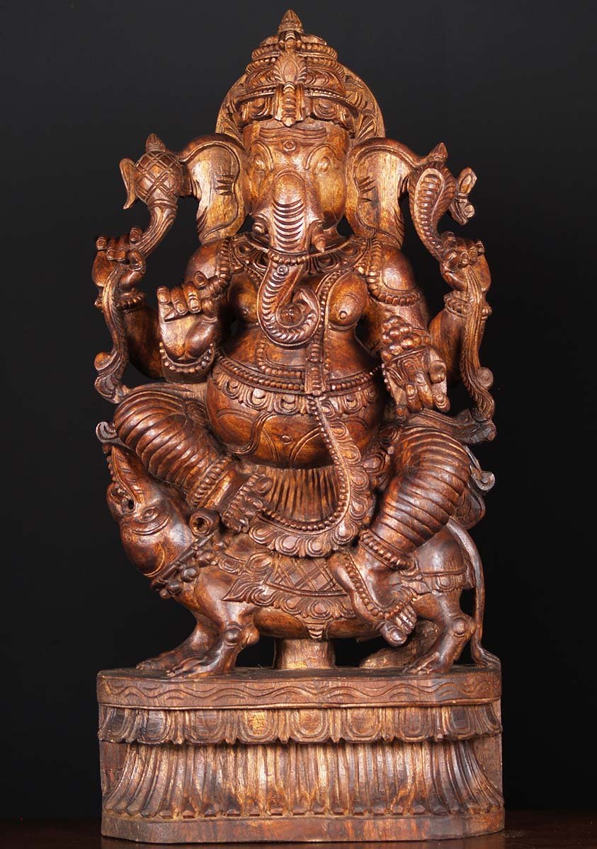 Wooden Mooshika Ganapathi Statue 36"