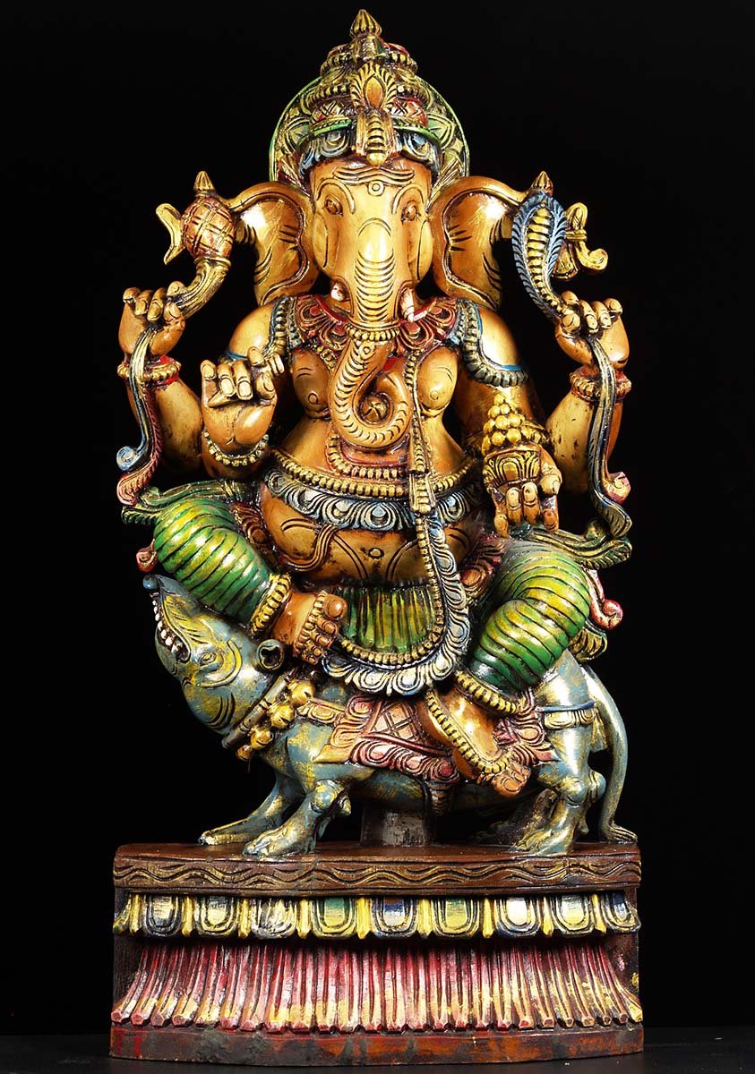 Wooden Mooshika Ganesh Statue 36"