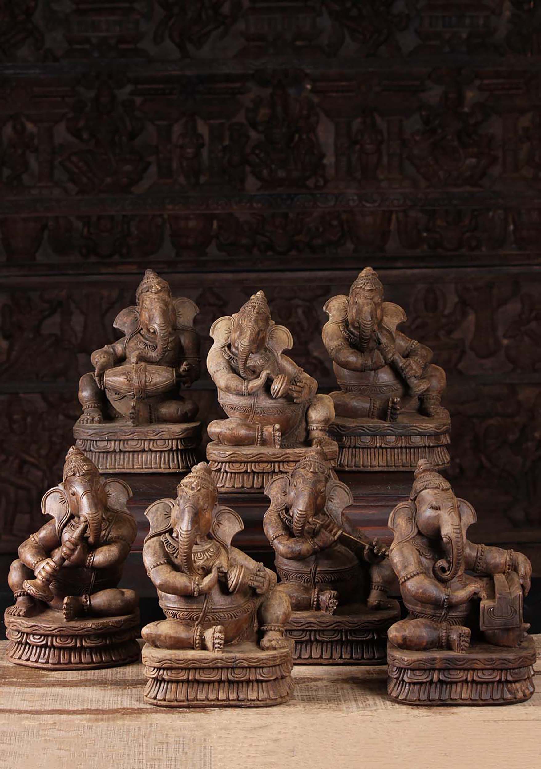 Wood Musical Ganesh Set of 7 Statues 12"