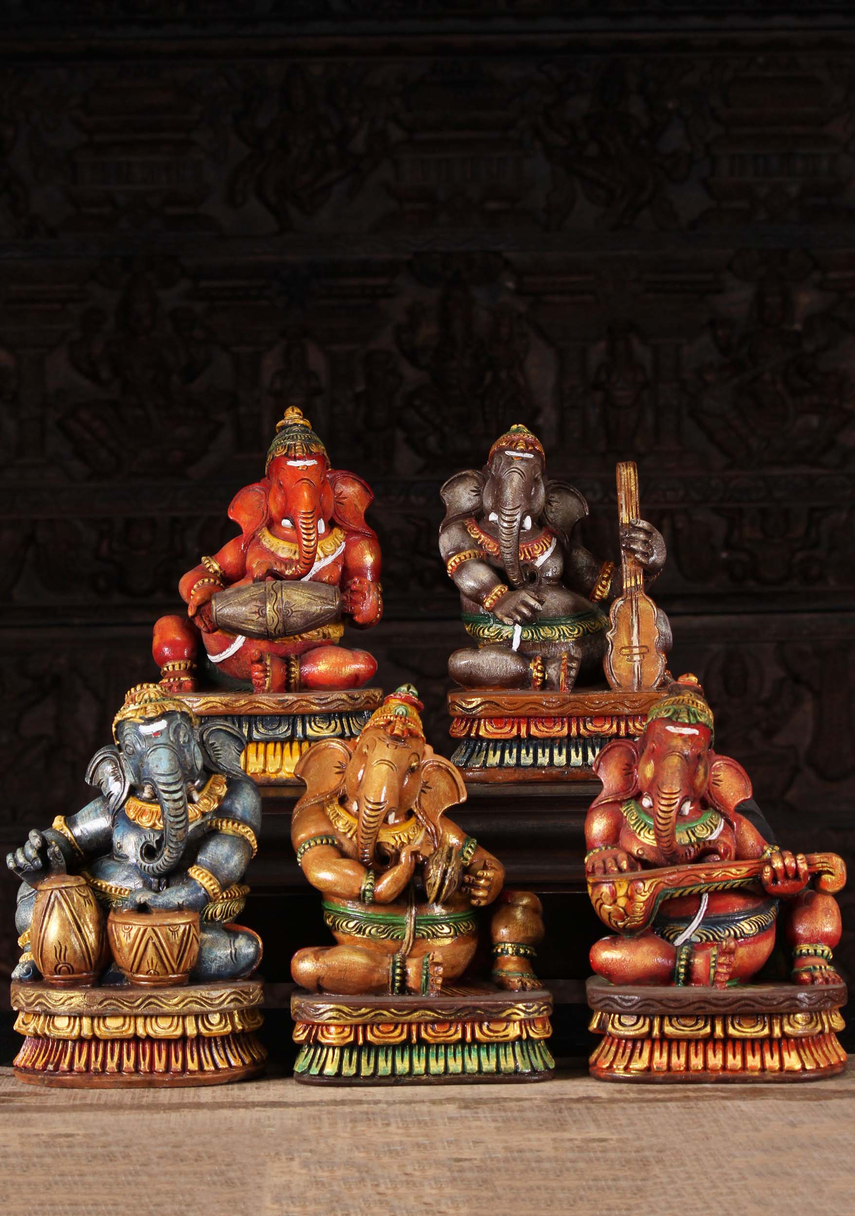 Wood Set of 5 Musical Ganesha Statues 12"