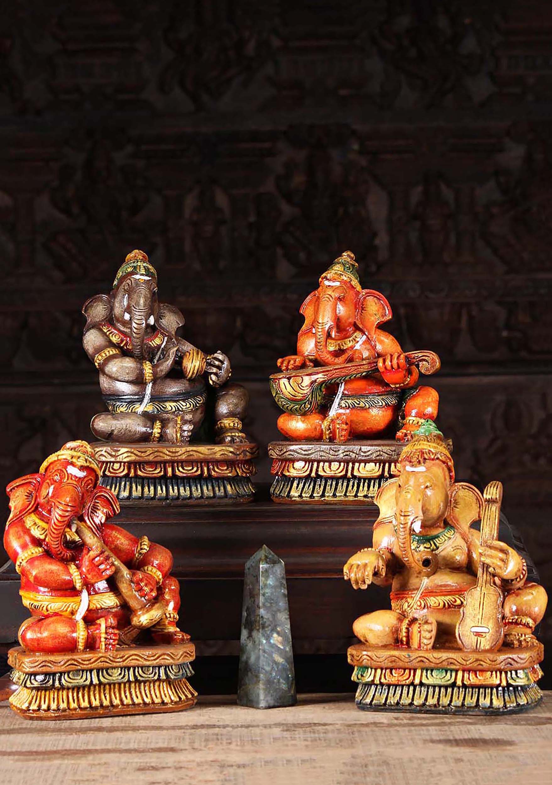 Wooden Musical Ganesha Set of 4 Statues 12"