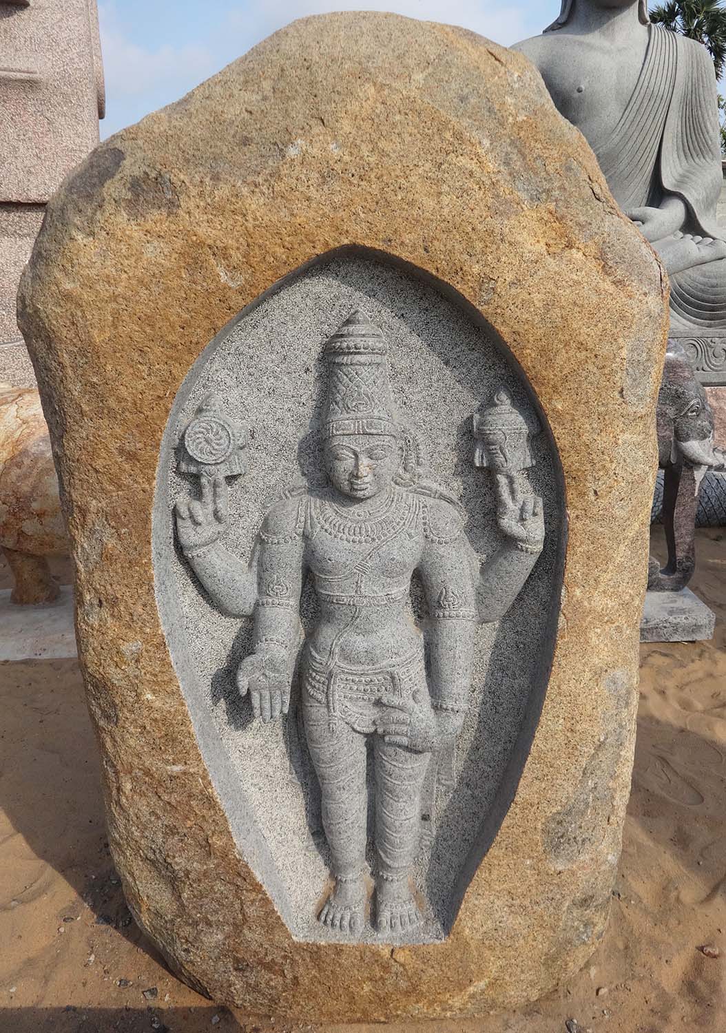 Vishnu & Lakshmi Hand Carved in a Natural Granite Boulder from South India  61"