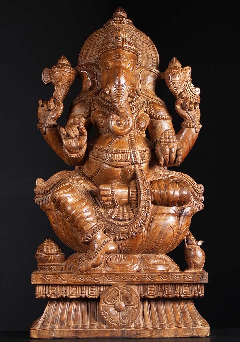 Natural Wood Seated Ganesh Statue 36"