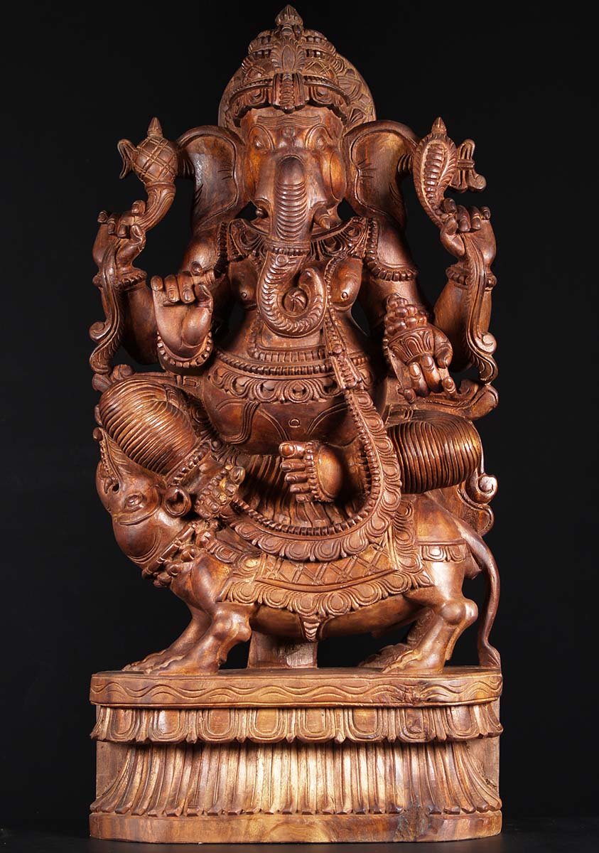 SOLD Natural Wood Ganesha Seated on Rat 36