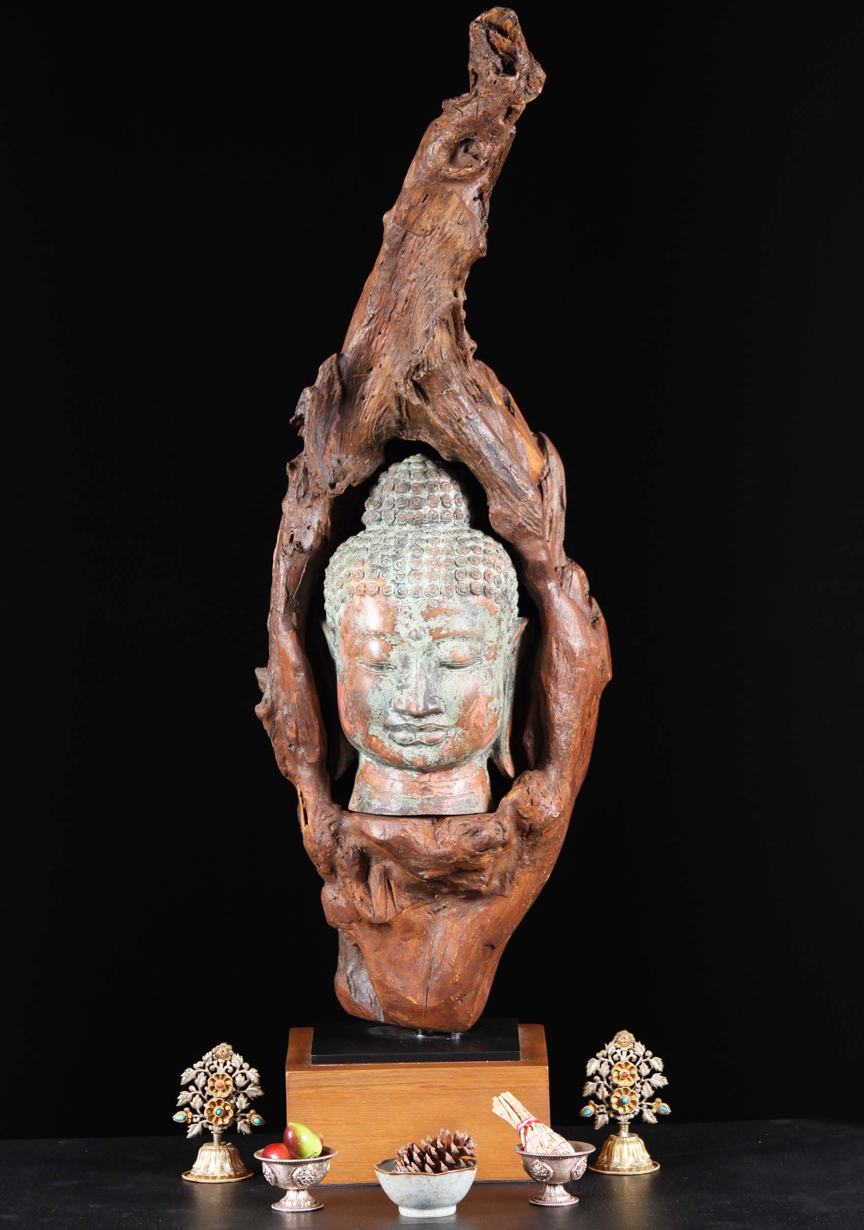 Natural Wood With Brass Buddha Head Statue 42"