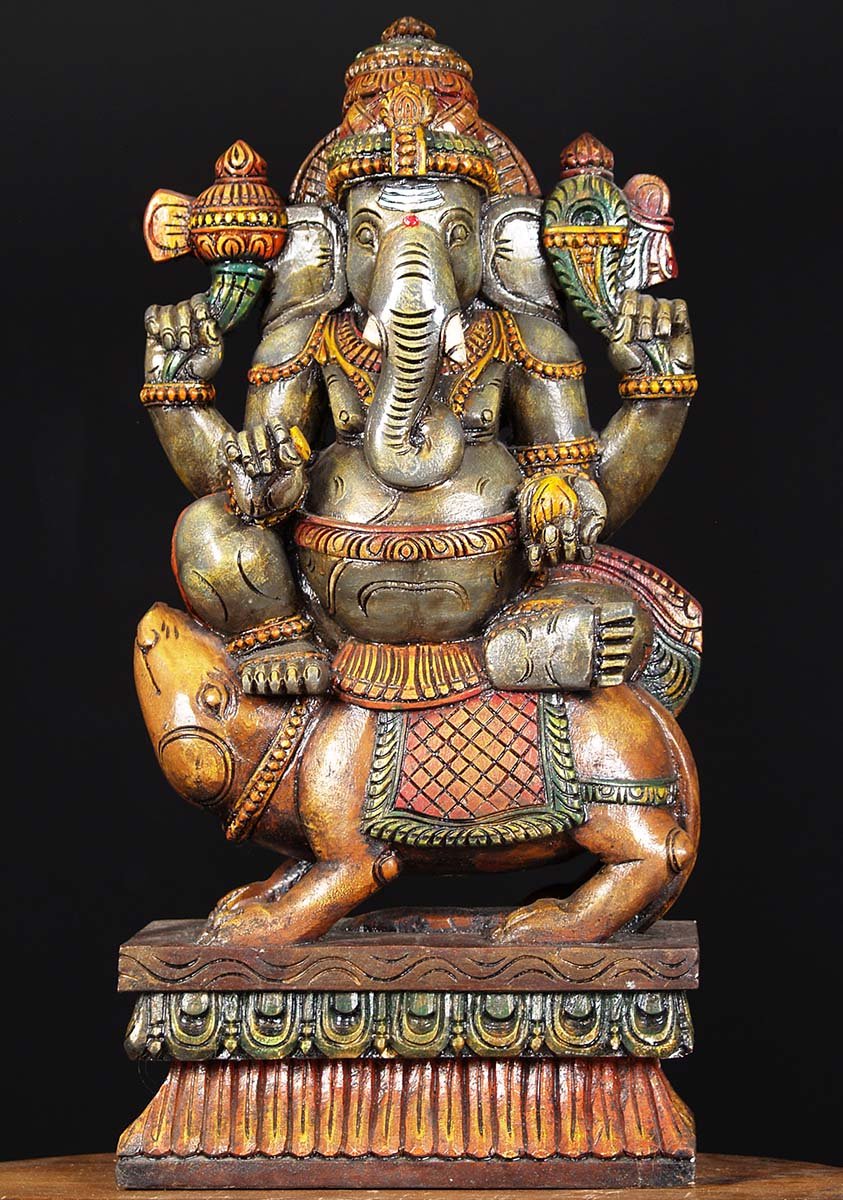 Wooden Ganesh Seated On Rat 24"