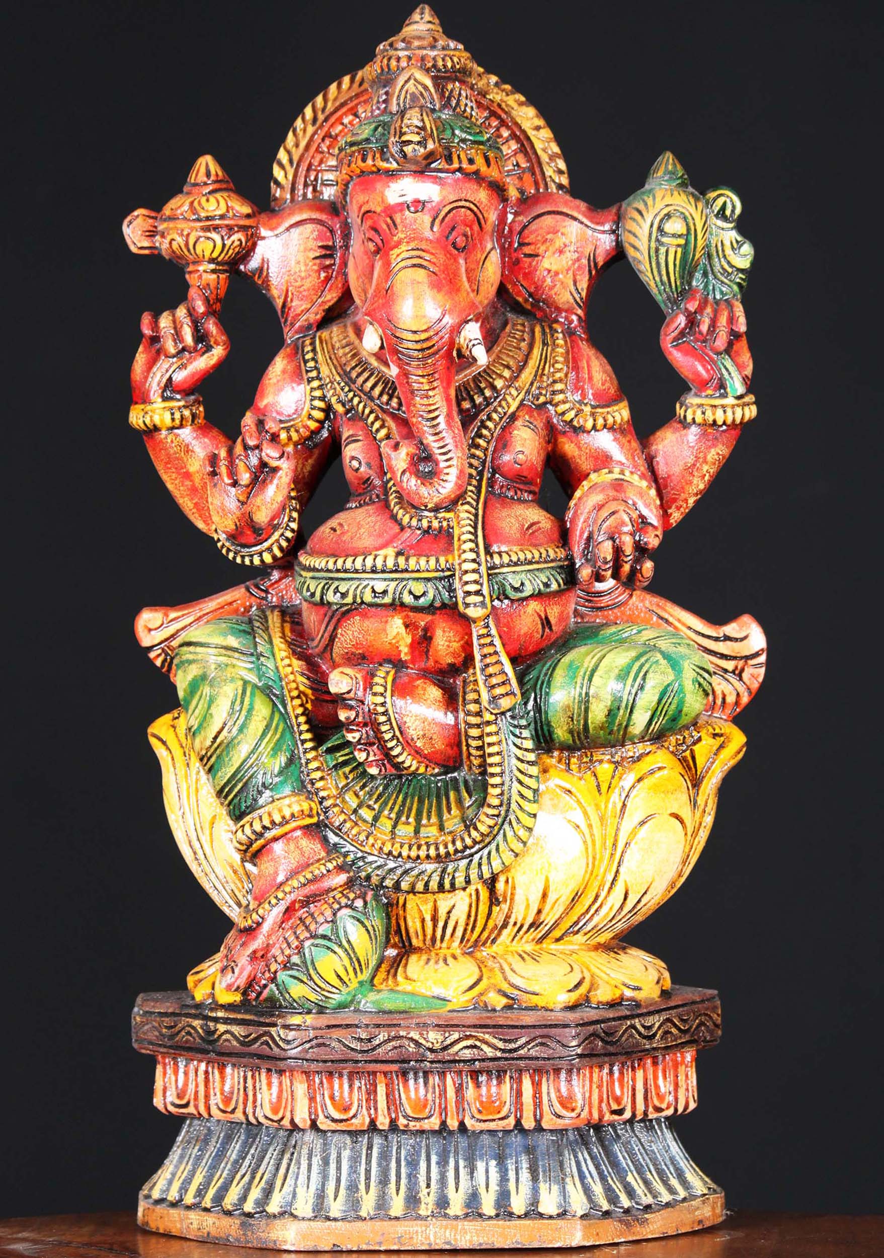 Wooden Painted Ganesh Statue 18"