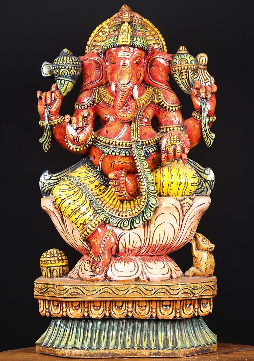 Wooden Seated Ganesh Statue 24"