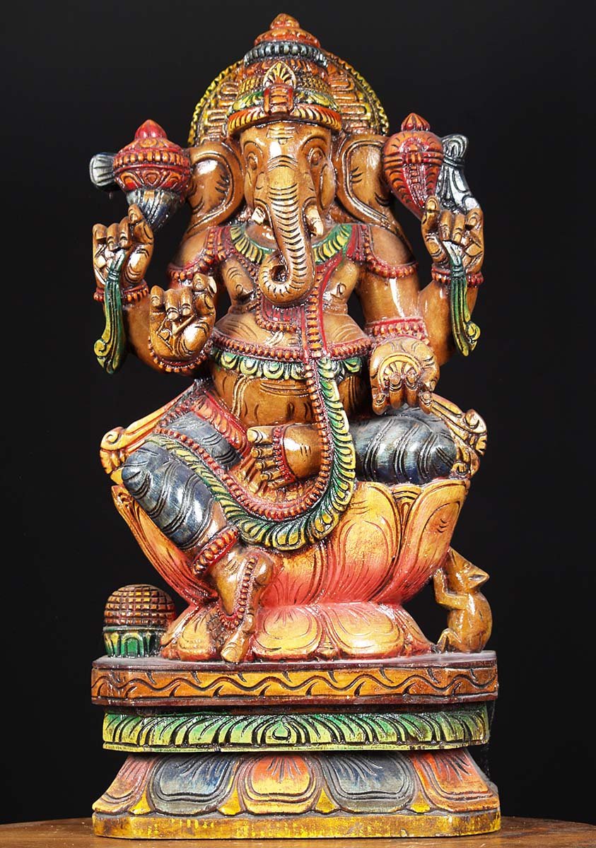 Wooden Colored Seated Ganesh Statue 24"