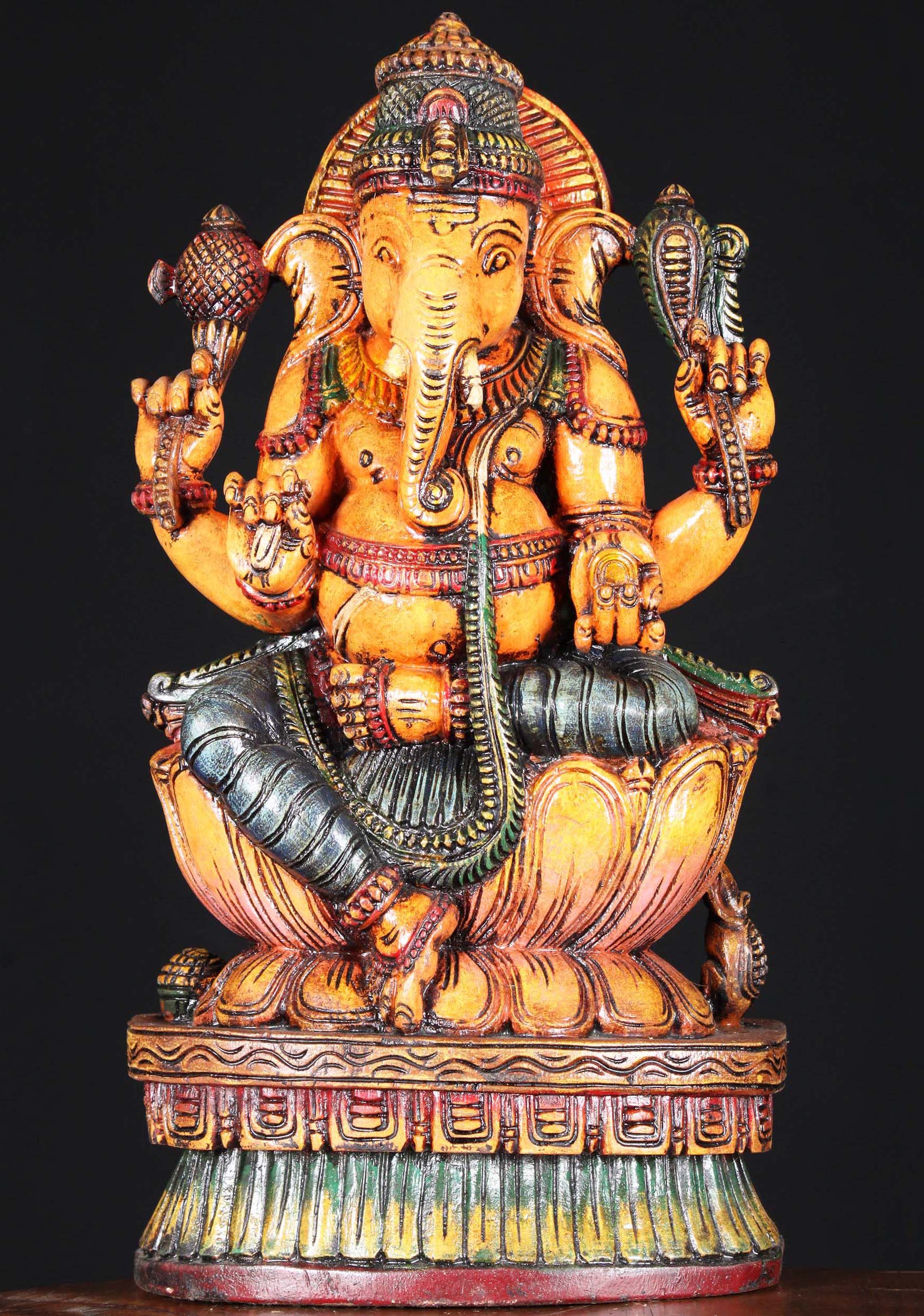 Wooden Painted Ganesha Statue 18"