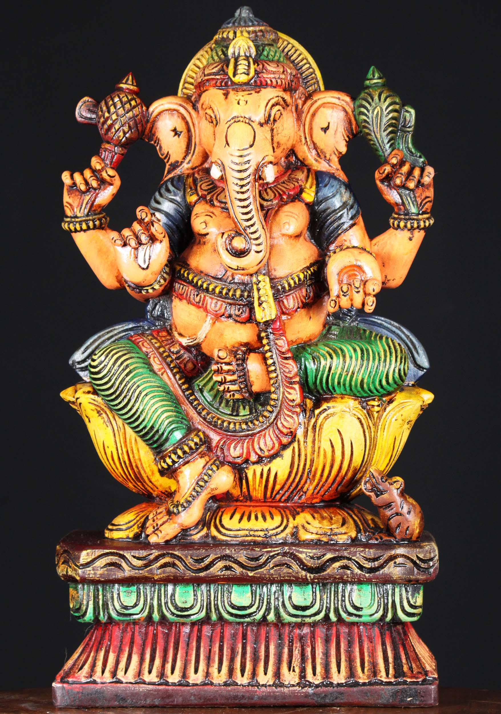 Wooden Seated Yellow Ganesha Statue 18"