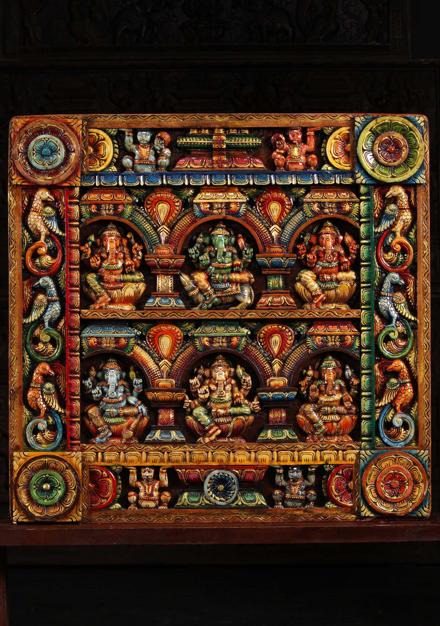 Wood Wall Panel with 6 Forms of Ganesha 36"