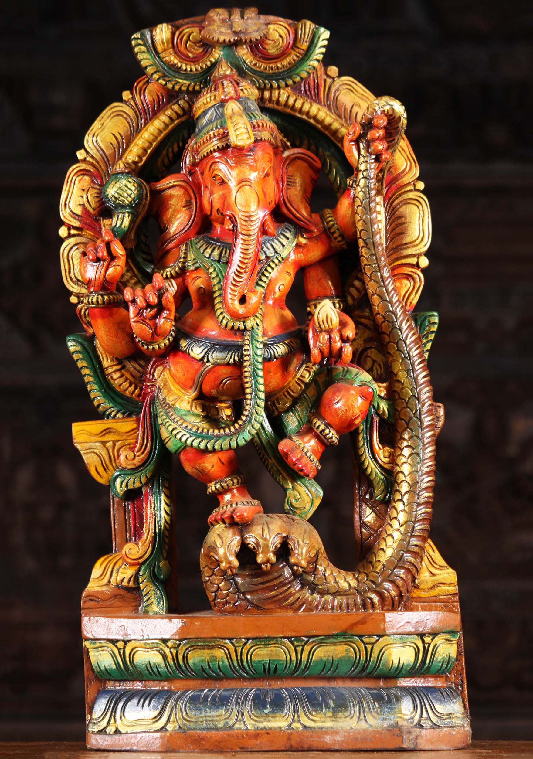 Wood Ganesh Dancing on Kaliya the Serpent 24"