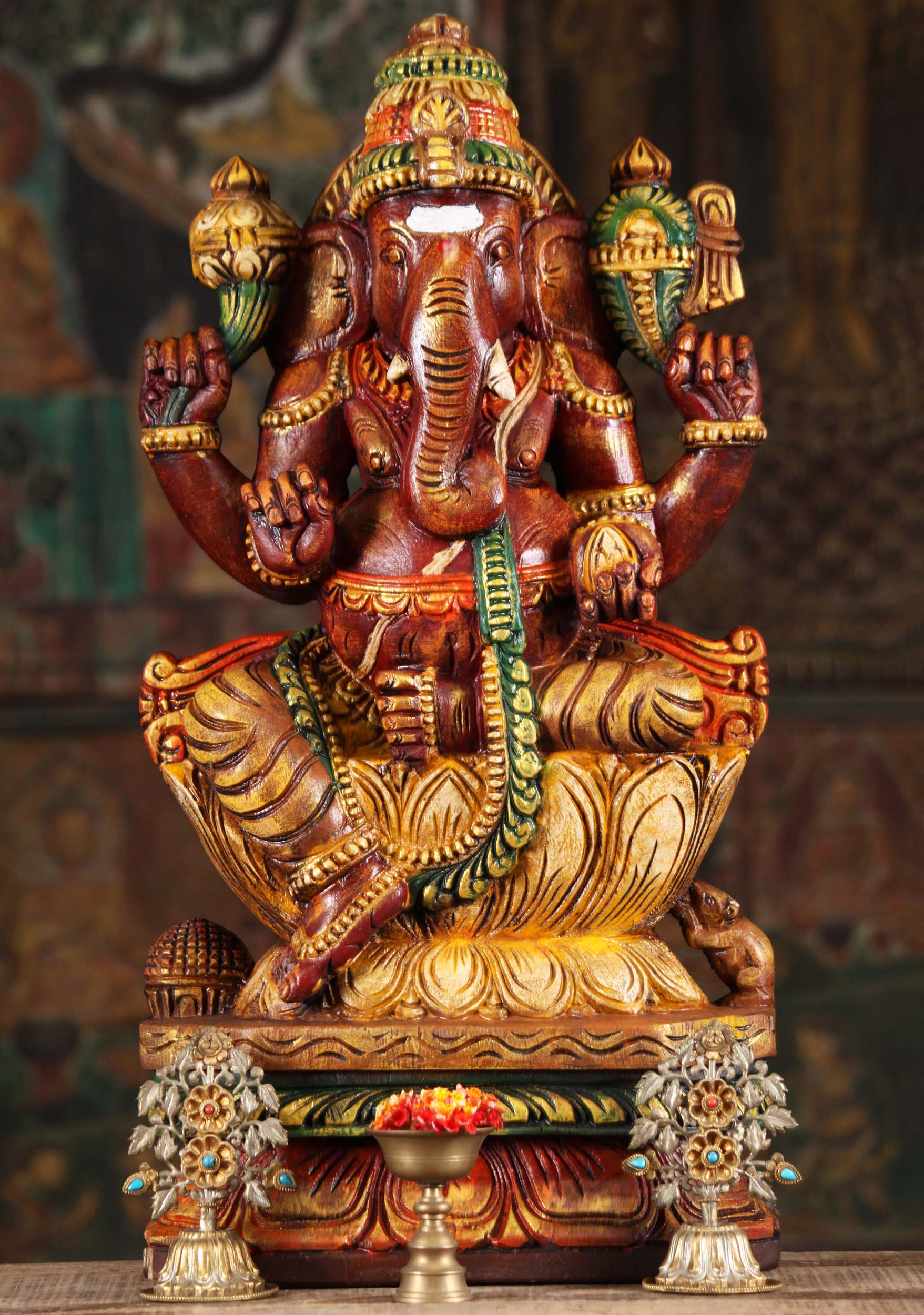 SOLD Wooden Red Ganapathi Statue on Lotus Base 24" (#94w9an): Hindu