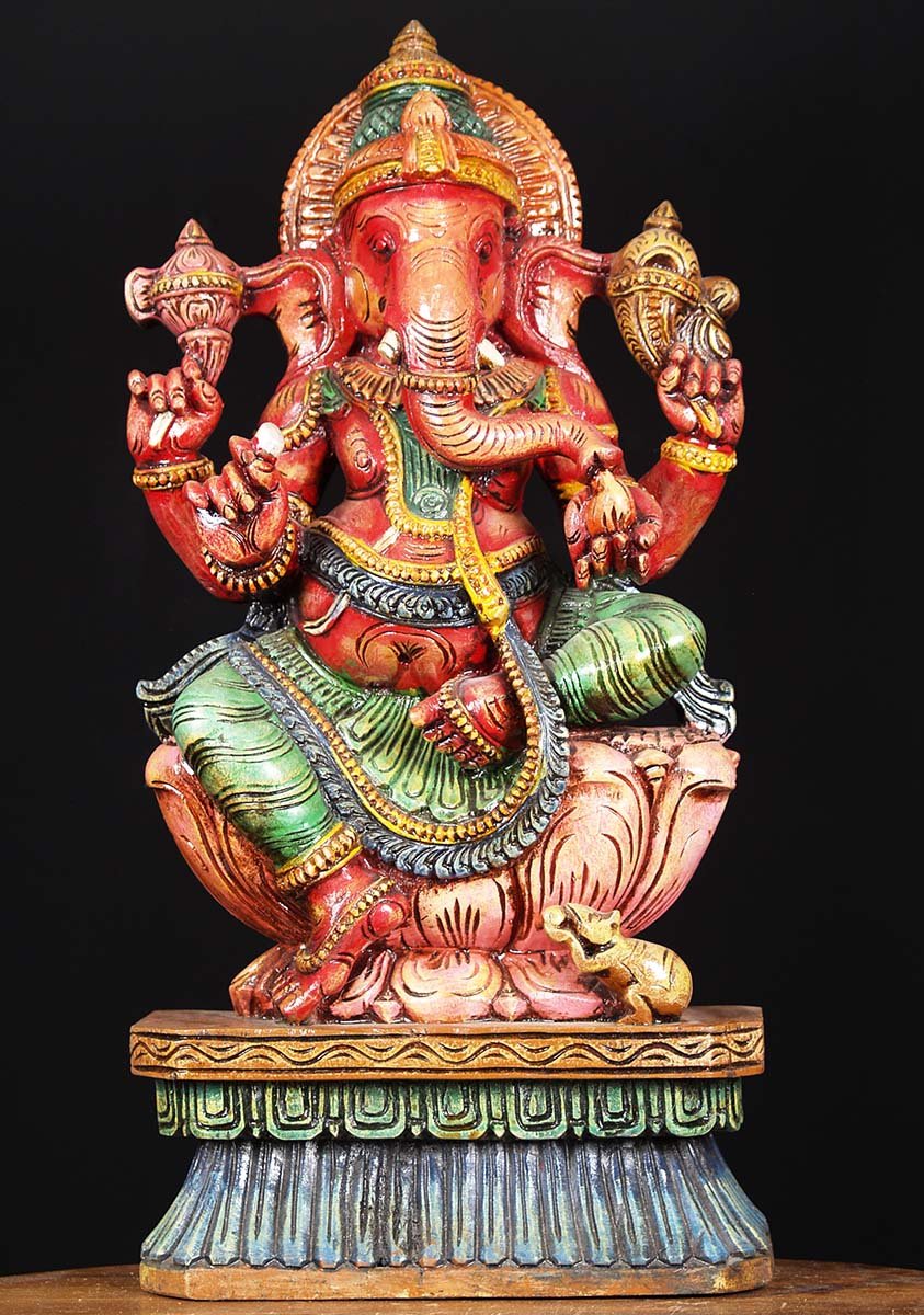 Wooden Painted Ganapathi Statue 24"