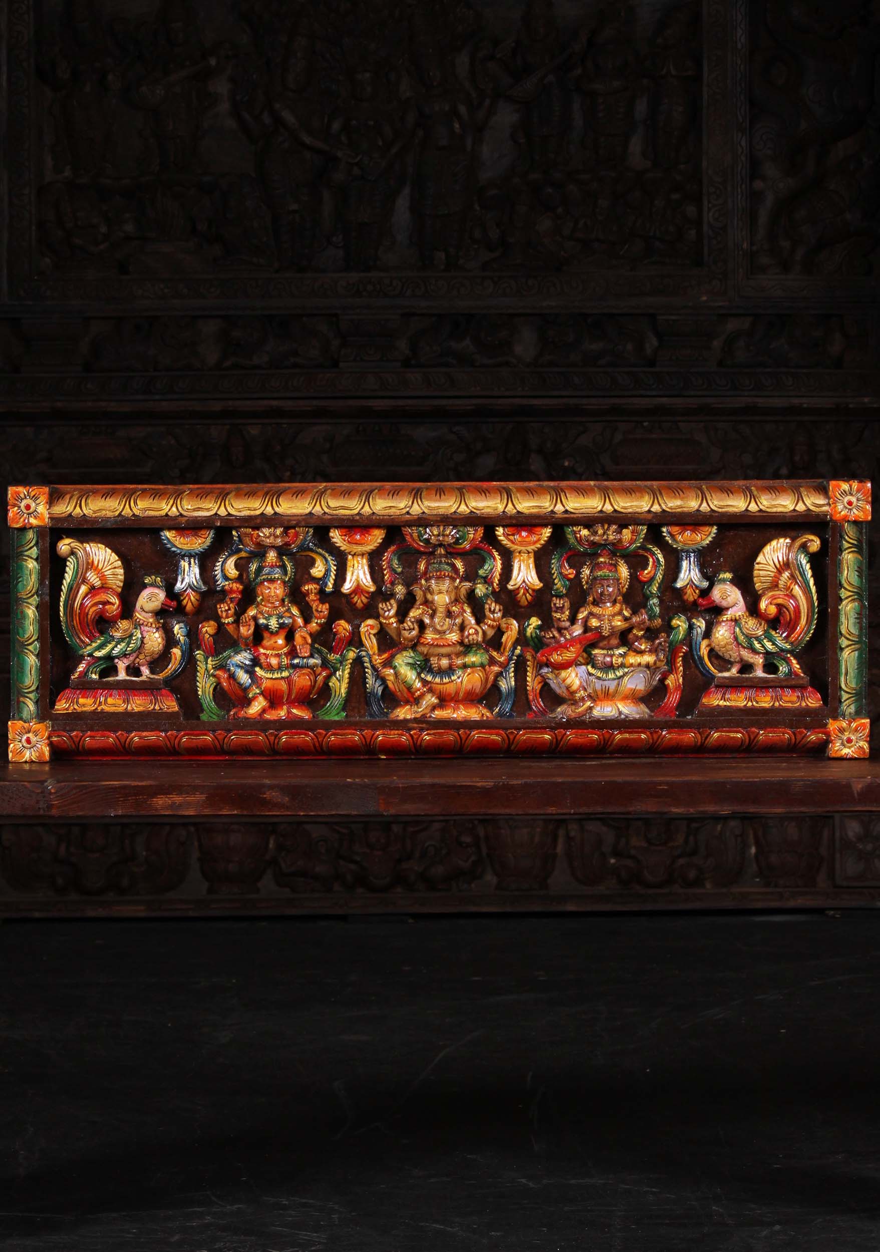 Wood Ganesh Lakshmi Saraswati Wall Panel 36"