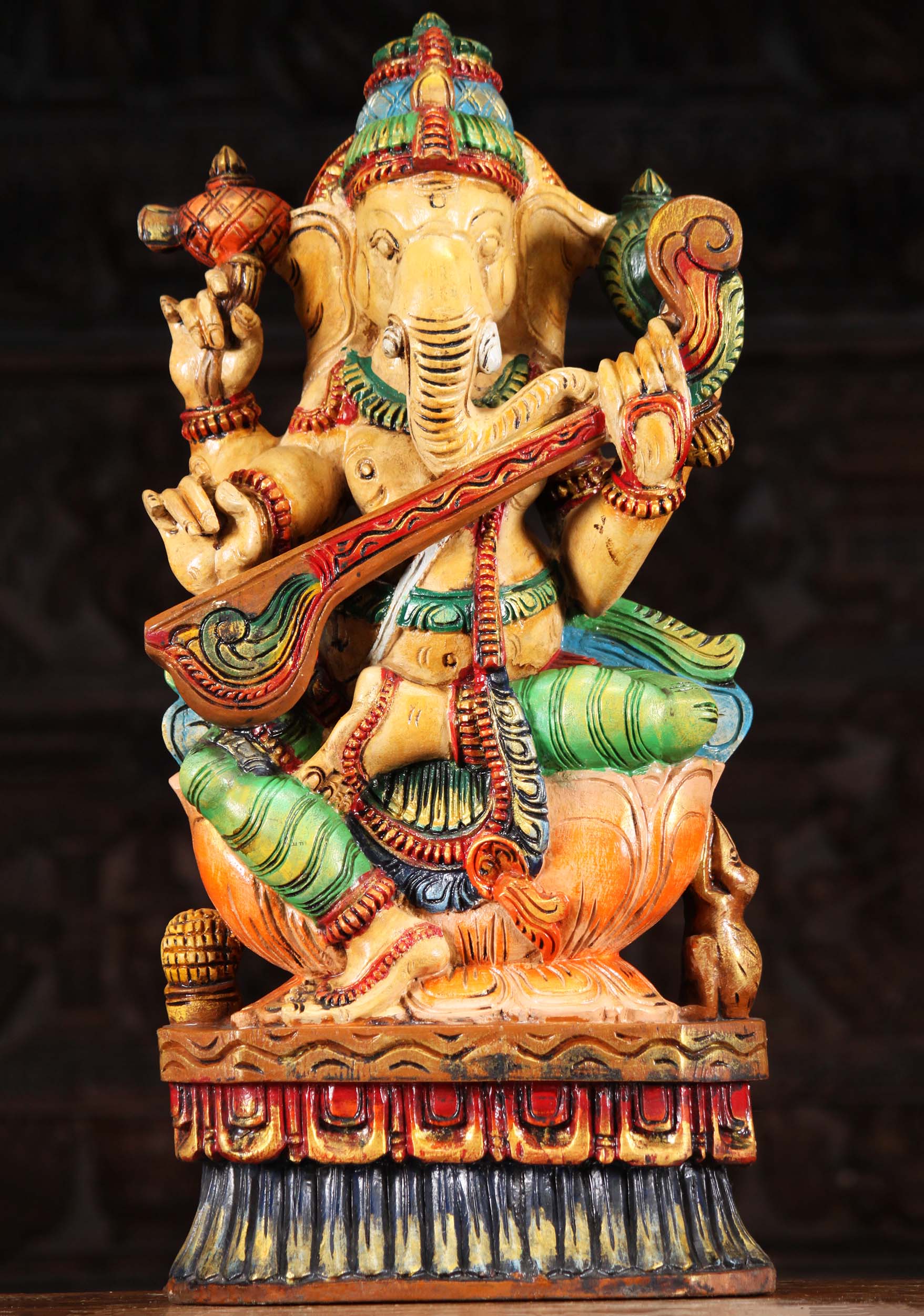 Wooden Ganesh Statue Playing the Veena 24"