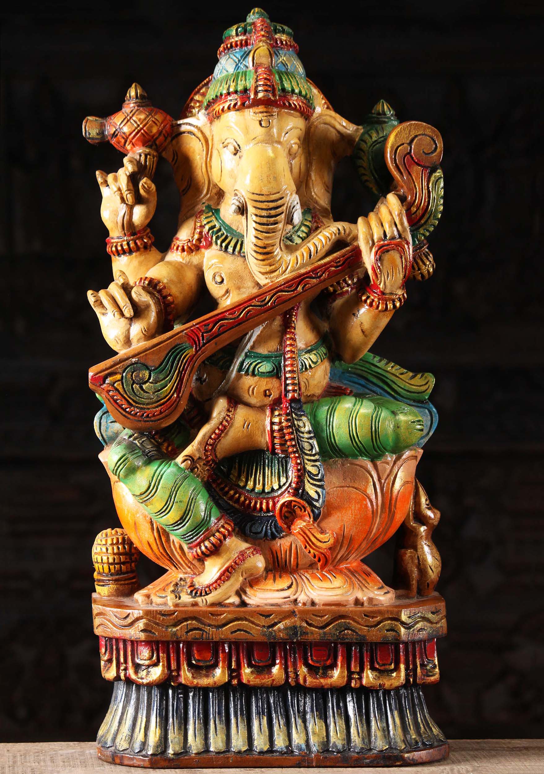 Wooden Ganesha Statue Playing the Veena 24"