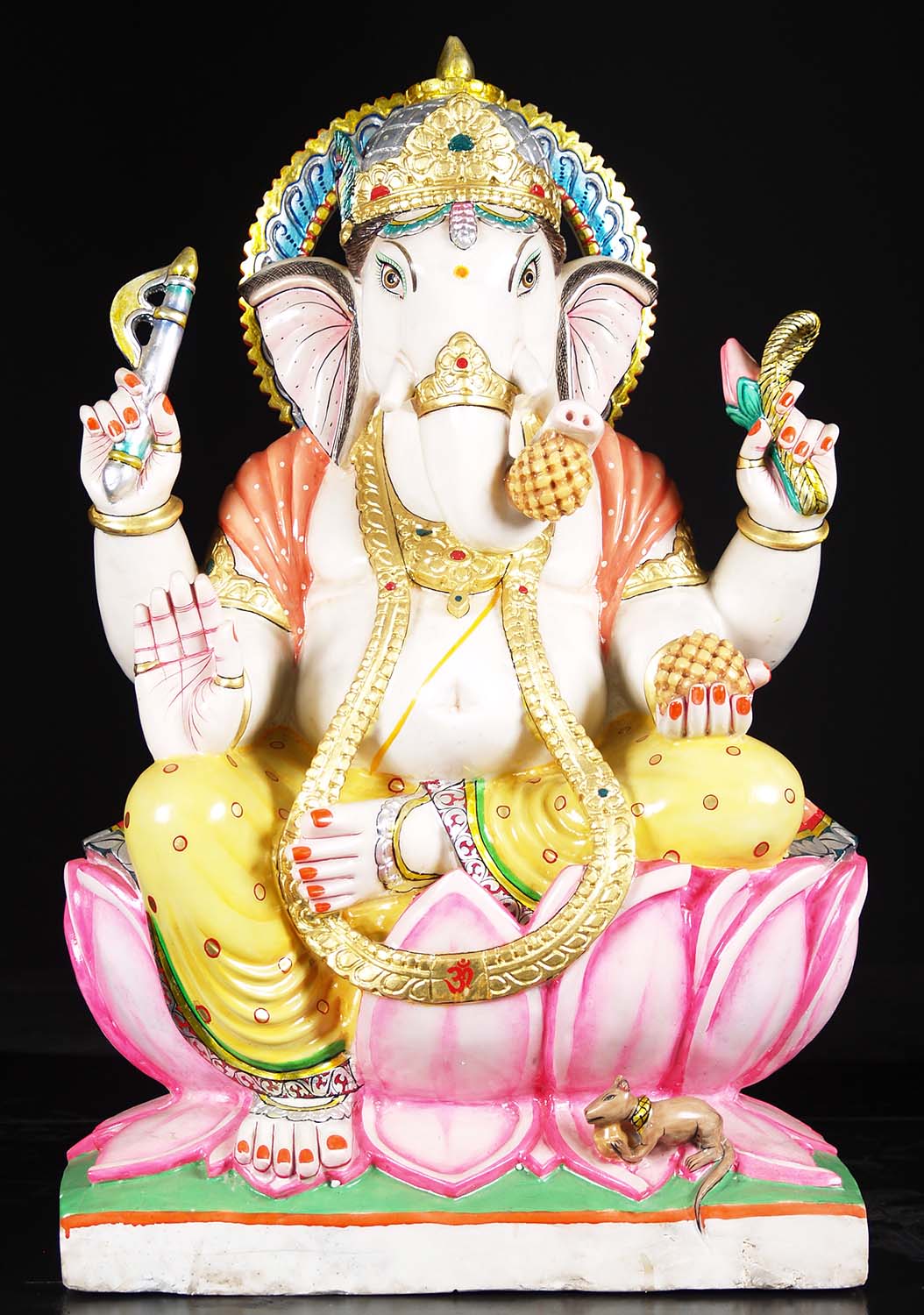 Marble Ganesh Statue in Abhaya Mudra Seated on Lotus Hand Carved & Painted in Varanasi 35"