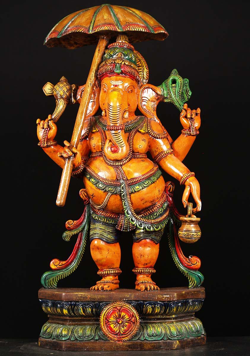 Wood Painted Ganesh Holding Umbrella 36"