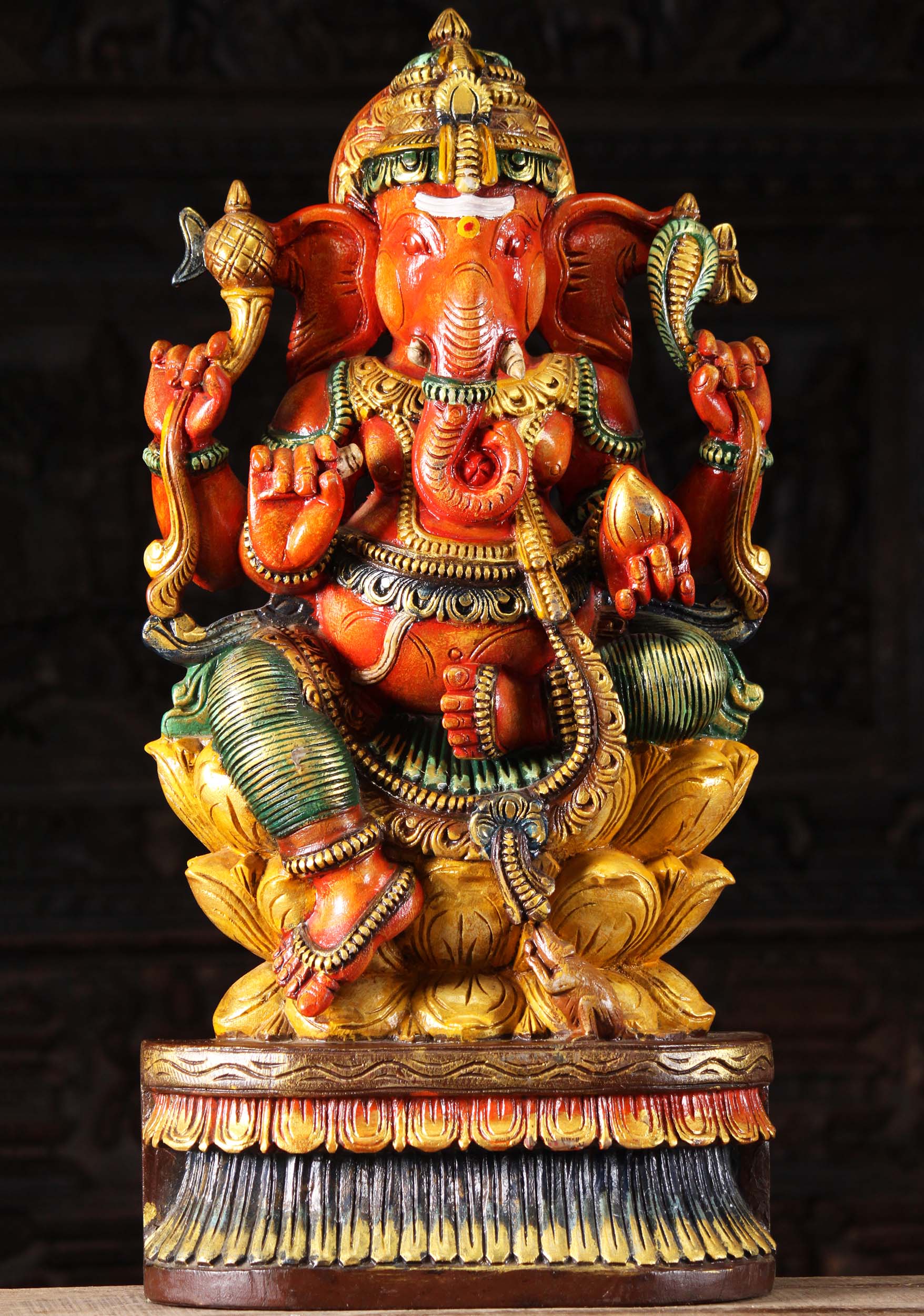 Wood Painted Ganesha Carving Holding Mango 30"