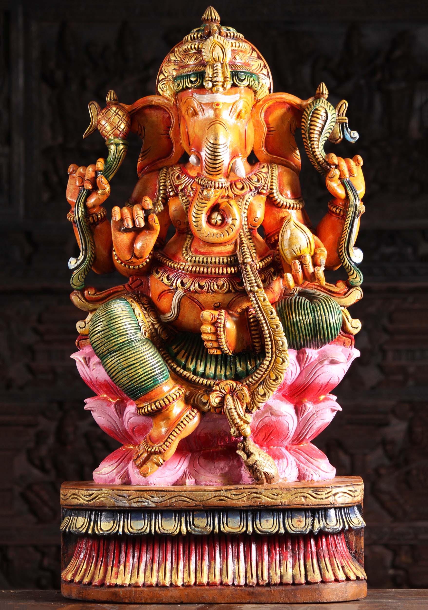 SOLD Wood Ganesh Statue on Blooming Lotus Base 36