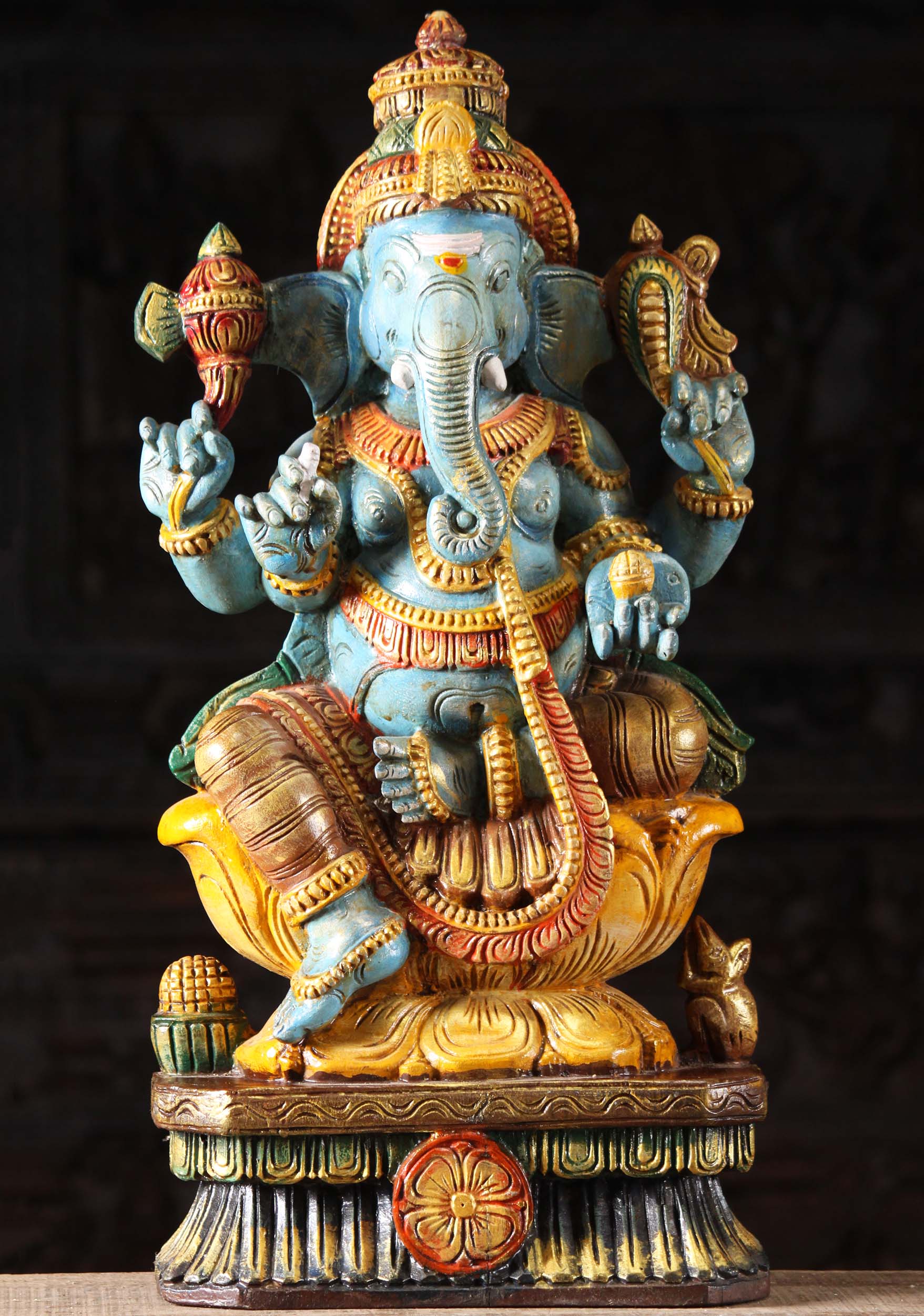 SOLD Wood Blue Seated Ganesh Statue 24&quot; (#76w1ll): Hindu Gods &amp; Buddha Statues