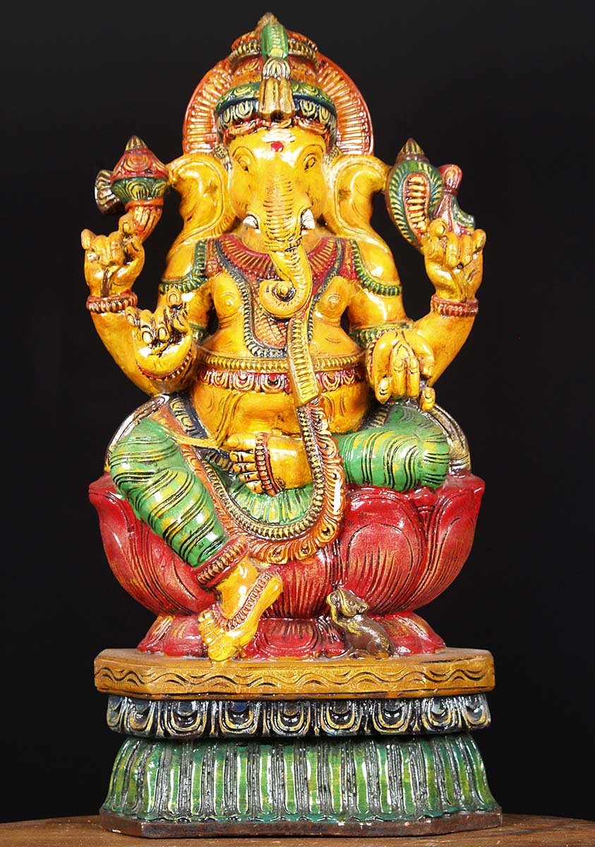 Wooden Ganesh Statue on Red Lotus 24"