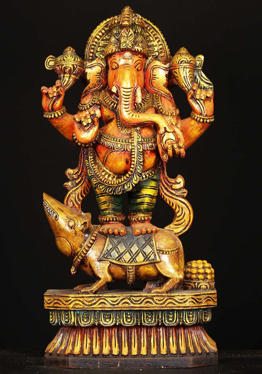 Painted Ganesh Standing On Rat 24"