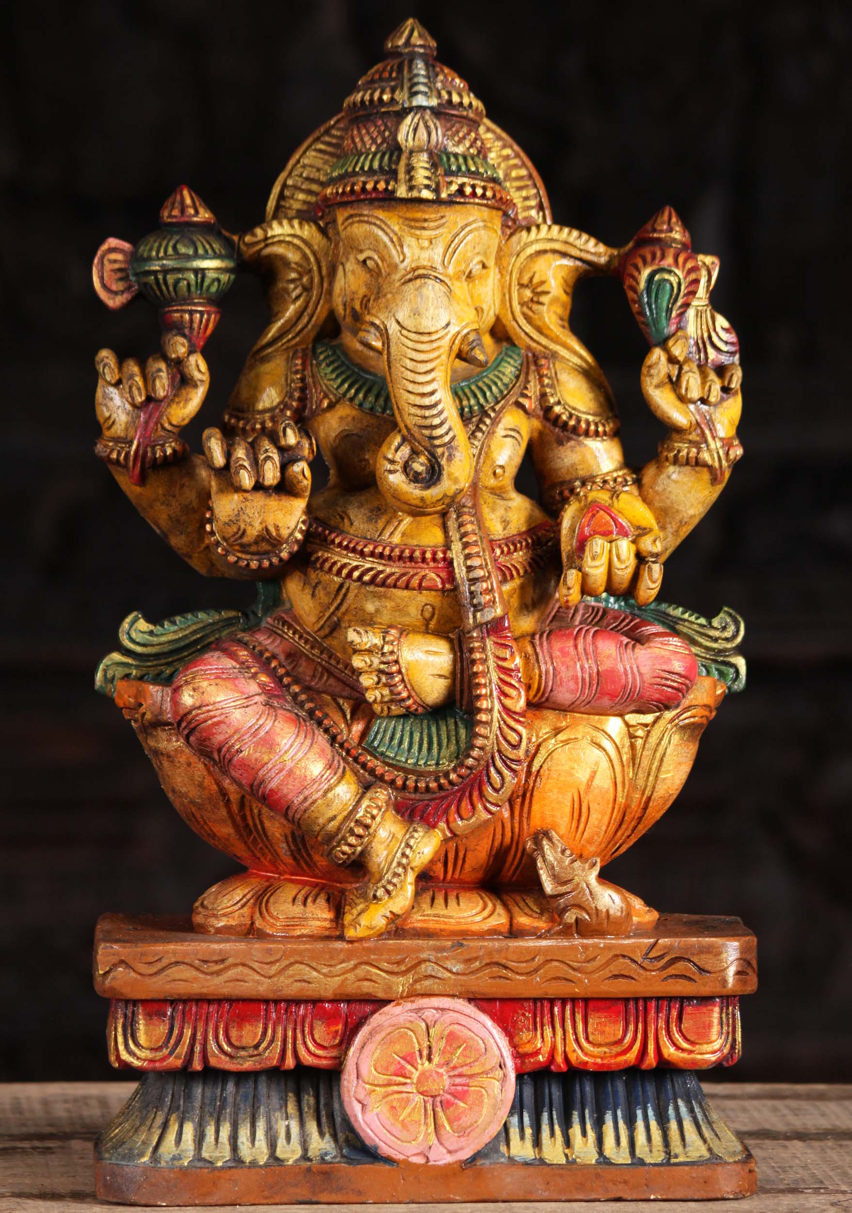 Wood Painted Ganesha Sculpture 18"