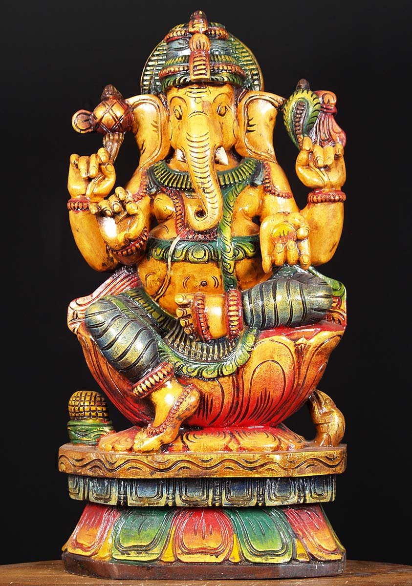 Wooden Painted Seated Ganesha Statue 24"