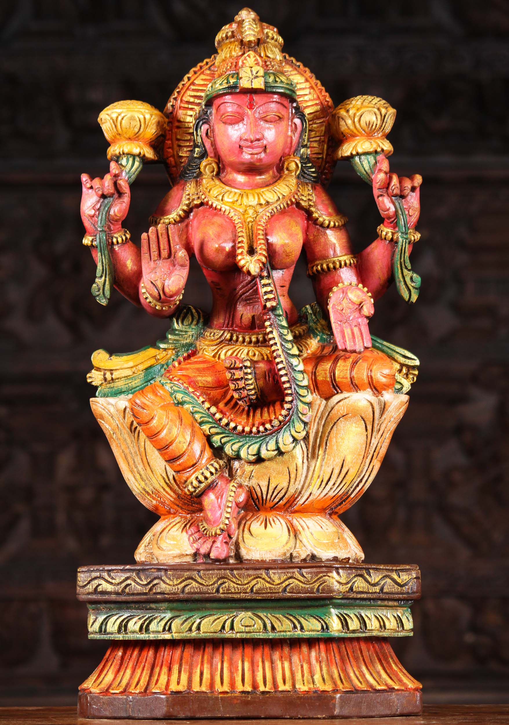 Wooden Lakshmi Goddess of Wealth Statue 24"