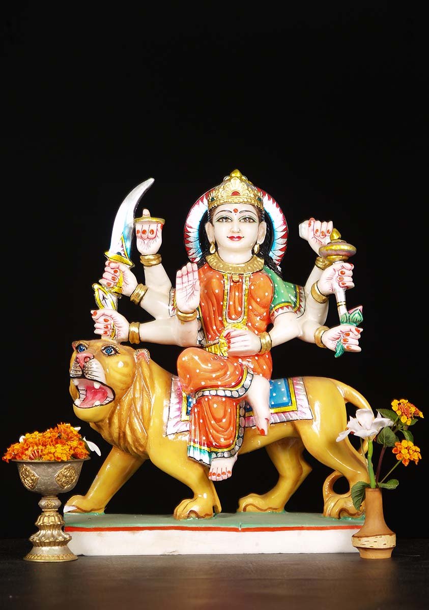 Painted Marble Durga On Lion 17"