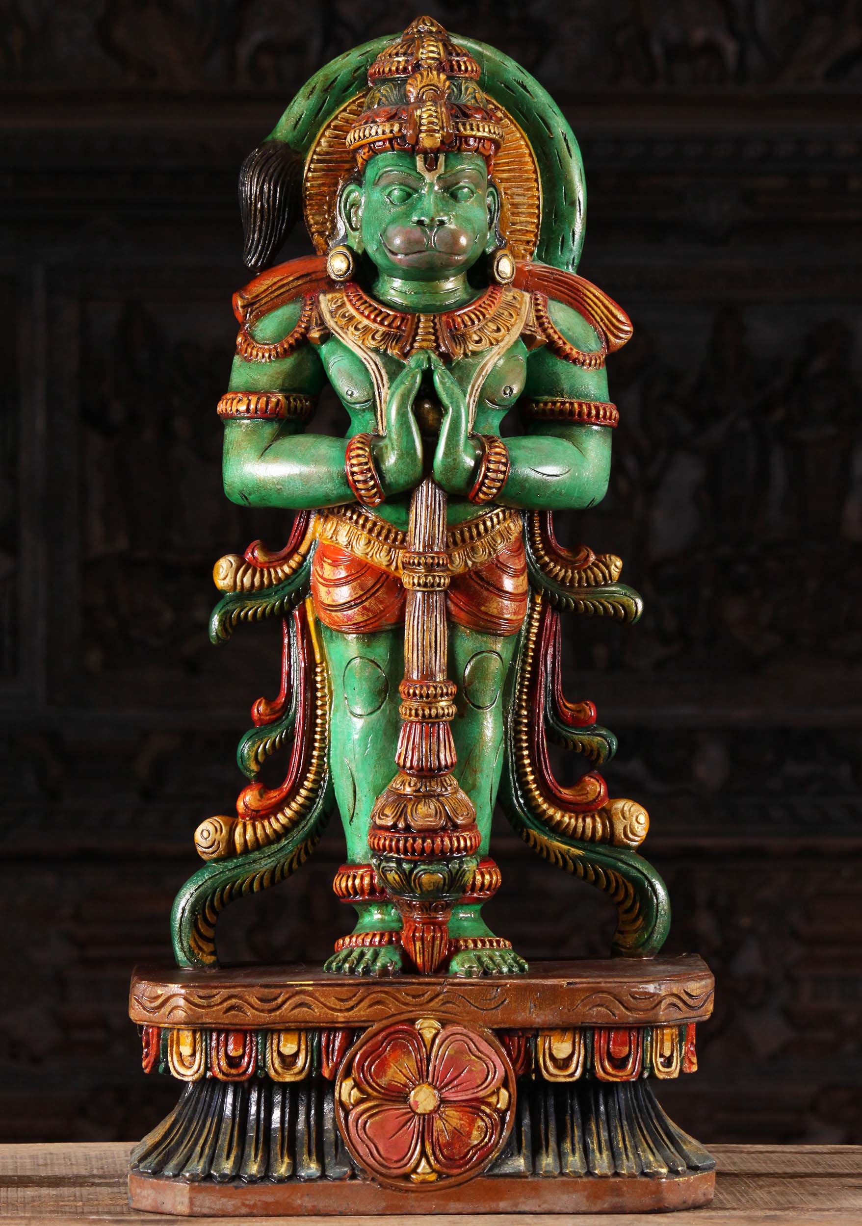 Wooden Green Namaste Hanuman Statue 30"