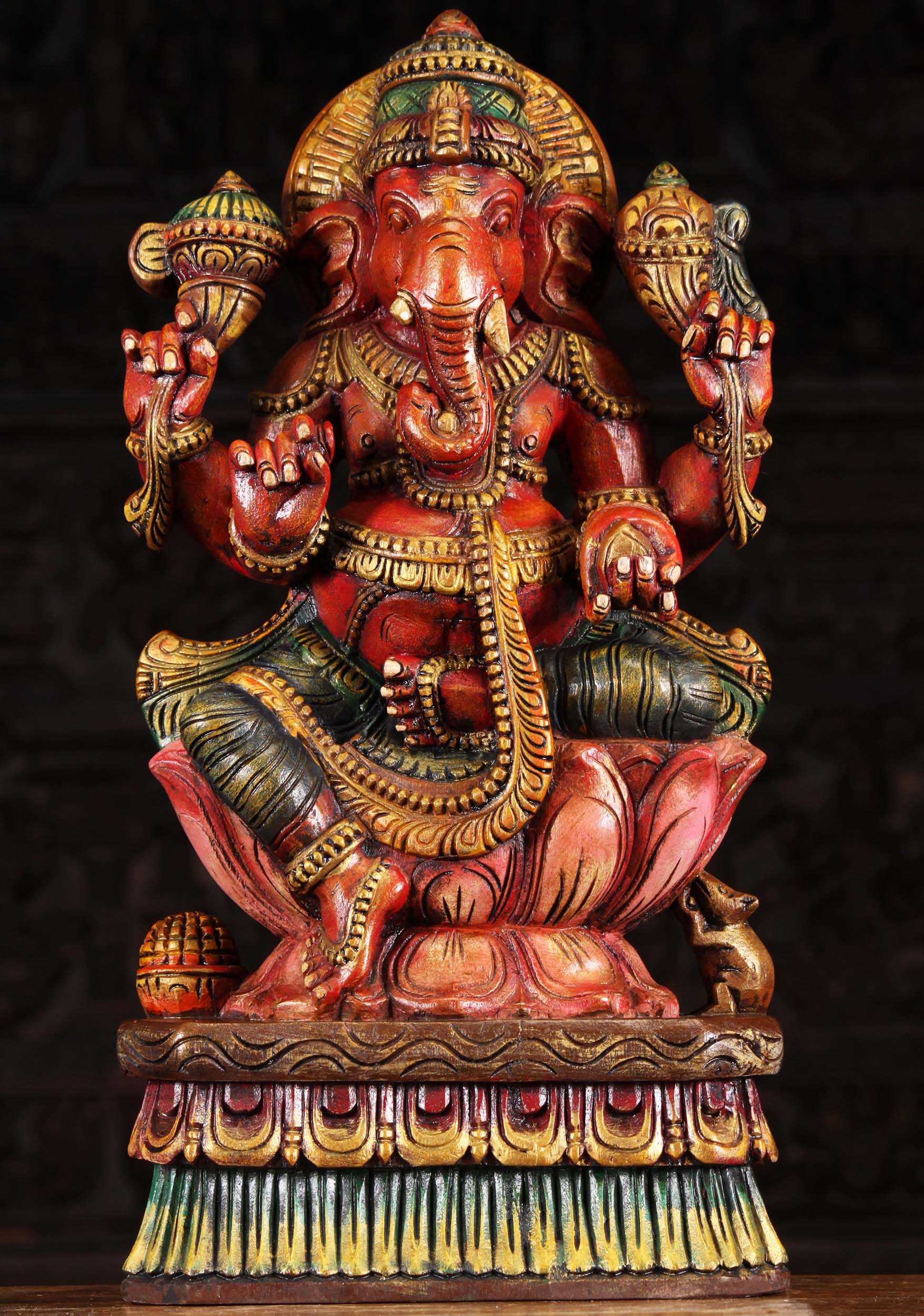 Wooden Red Ganesh Statue with Broken Tusk 24"