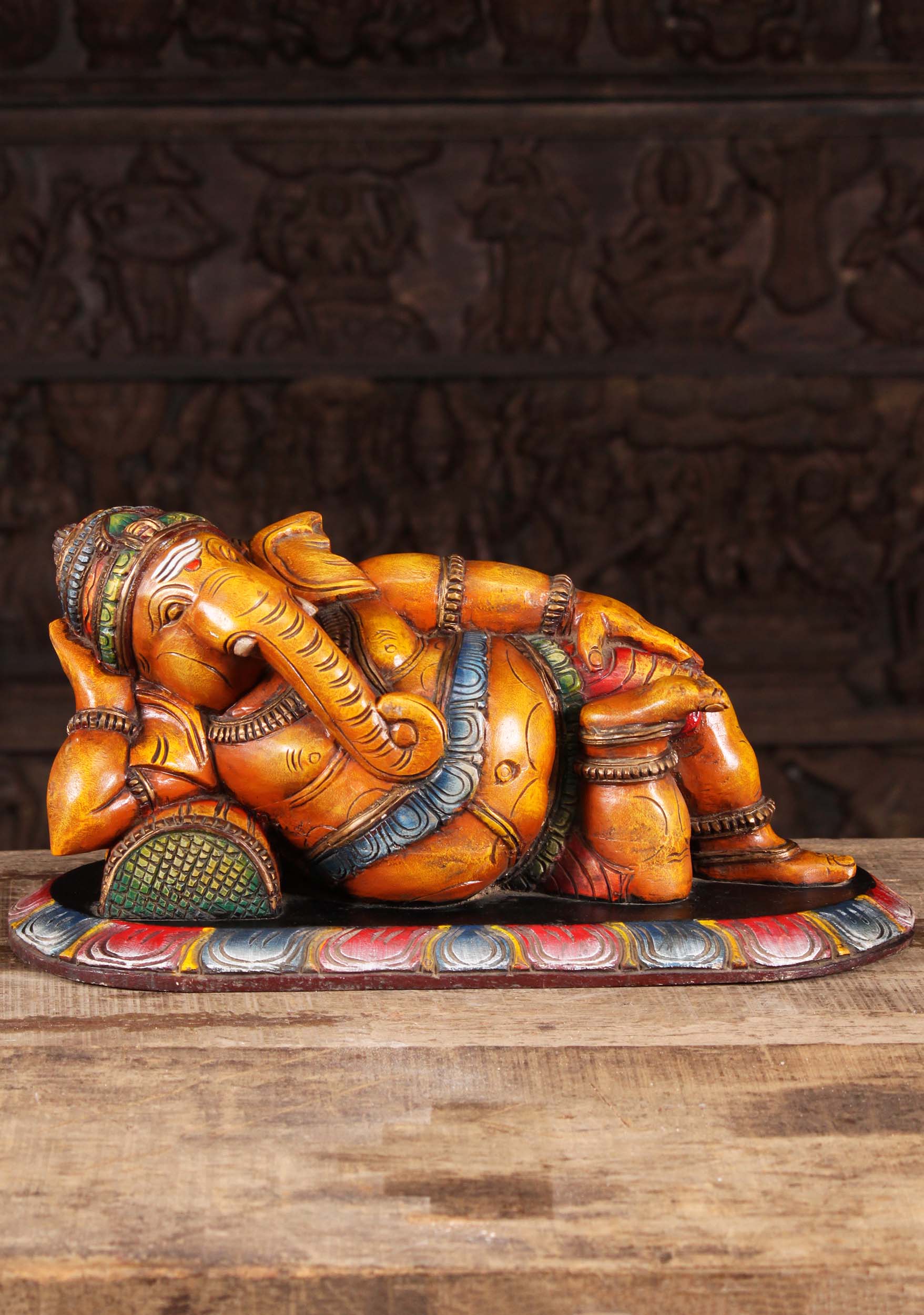 Painted Wood Relaxing Ganesh Statue 20"