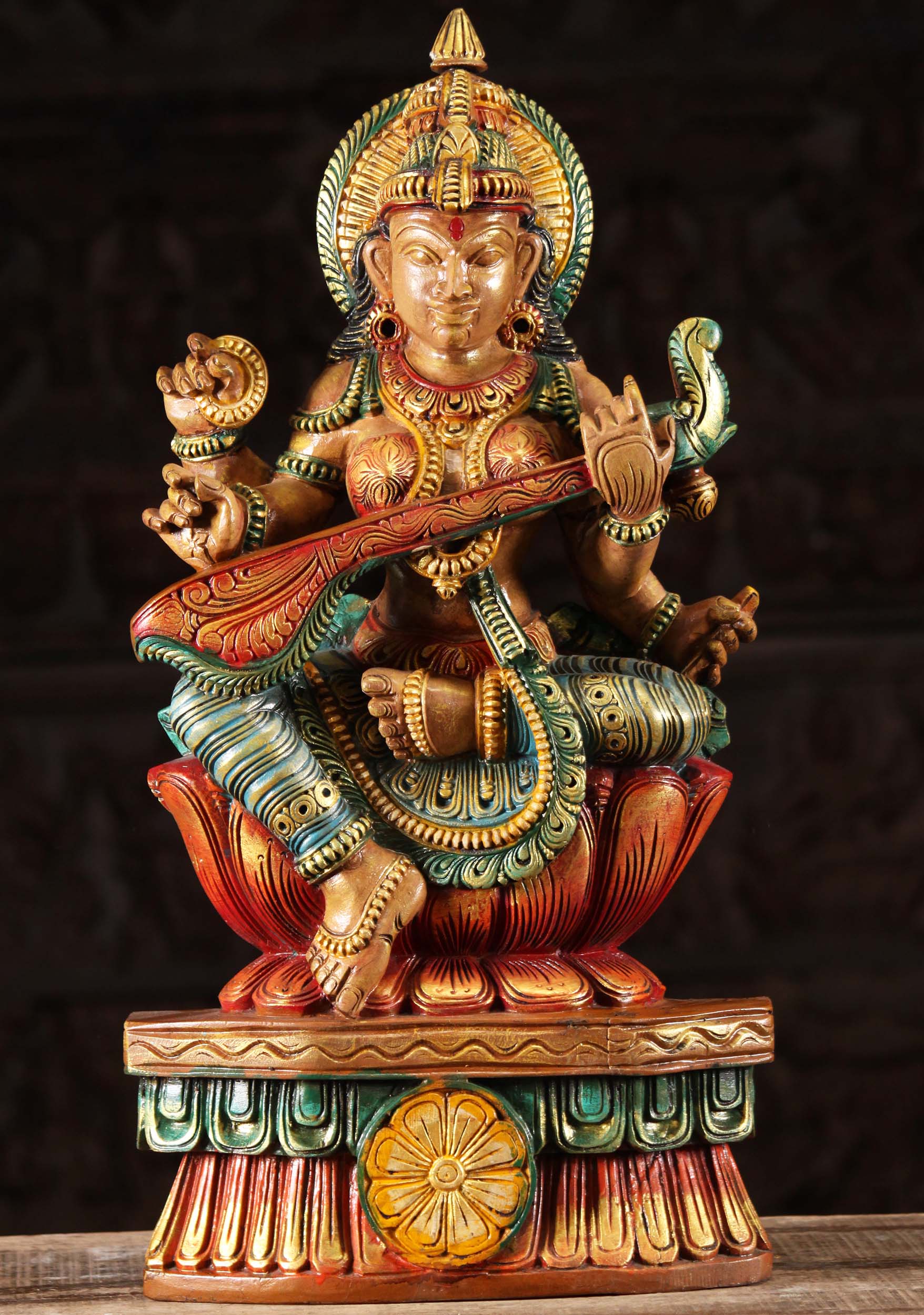 Wooden Sculpture of the Hindu Goddess of Wisdom Saraswati Playing the Veena 24"